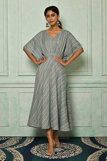 Buy Aryavir Malhotra Grey Cotton Blend Diamond And Wave Pattern Long ...