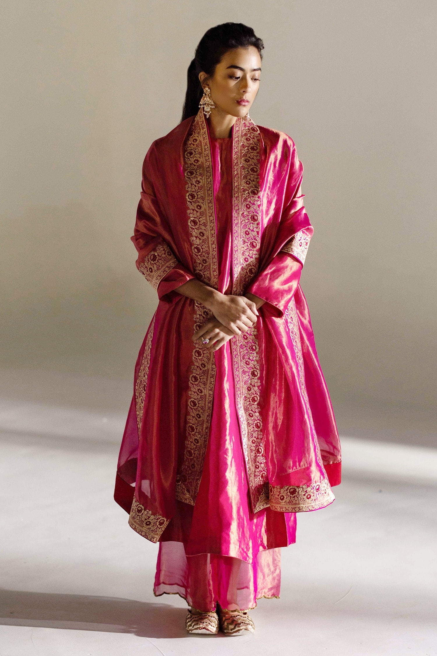 Mimamsaa Magenta Lela Tissue Silk A-line Kurta Set