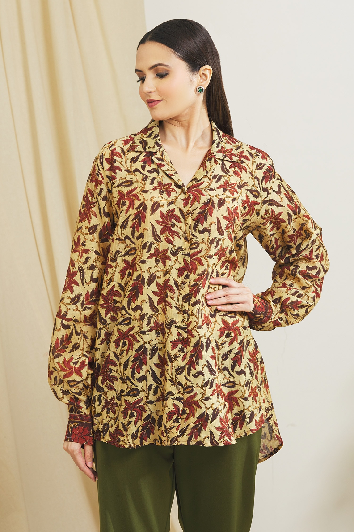 Buy Surendri Yellow Chanderi Flower Print Shirt Online | Aza Fashions