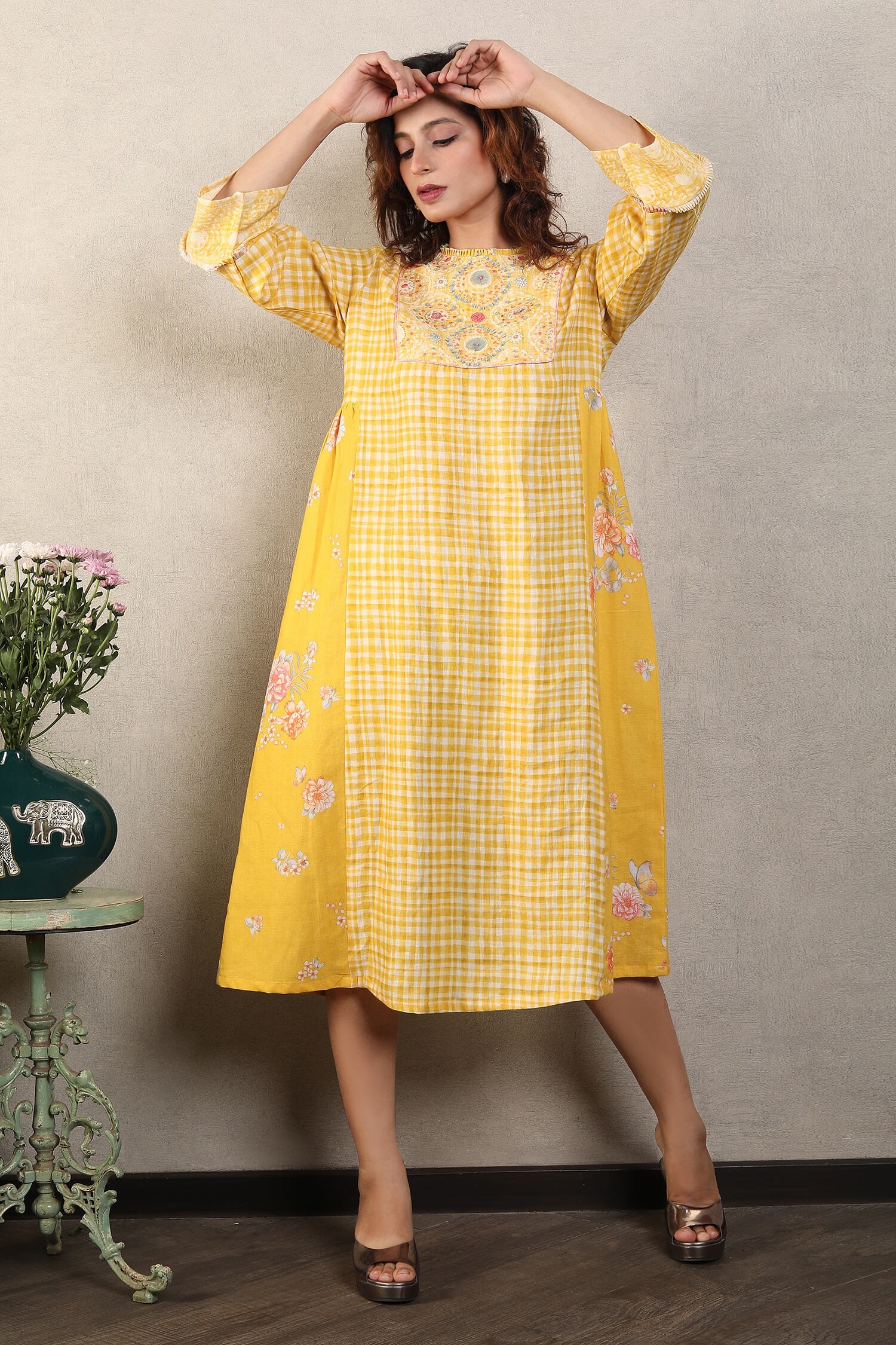 Buy Yellow Dress Gauze Linen Printed And Applique Hand Checkered For