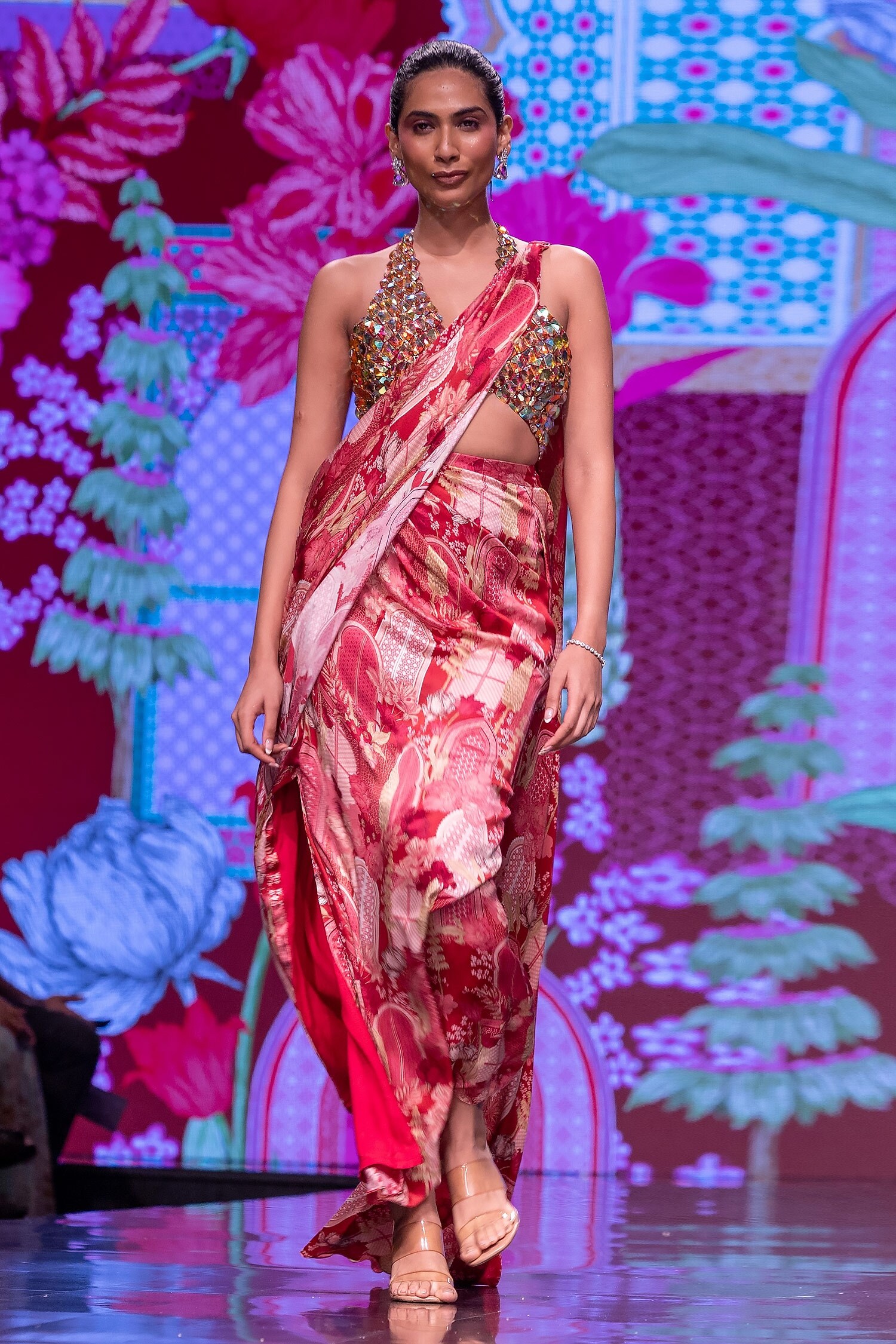 Krisha sunny Ramani Maroon Modal Satin Floral Print Pre-draped Saree With Embroidered Blouse