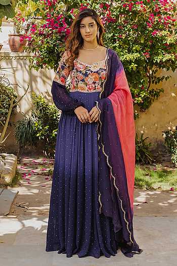 Women Blue Yoke Design Georgette Anarkali Kurta With Dupatta