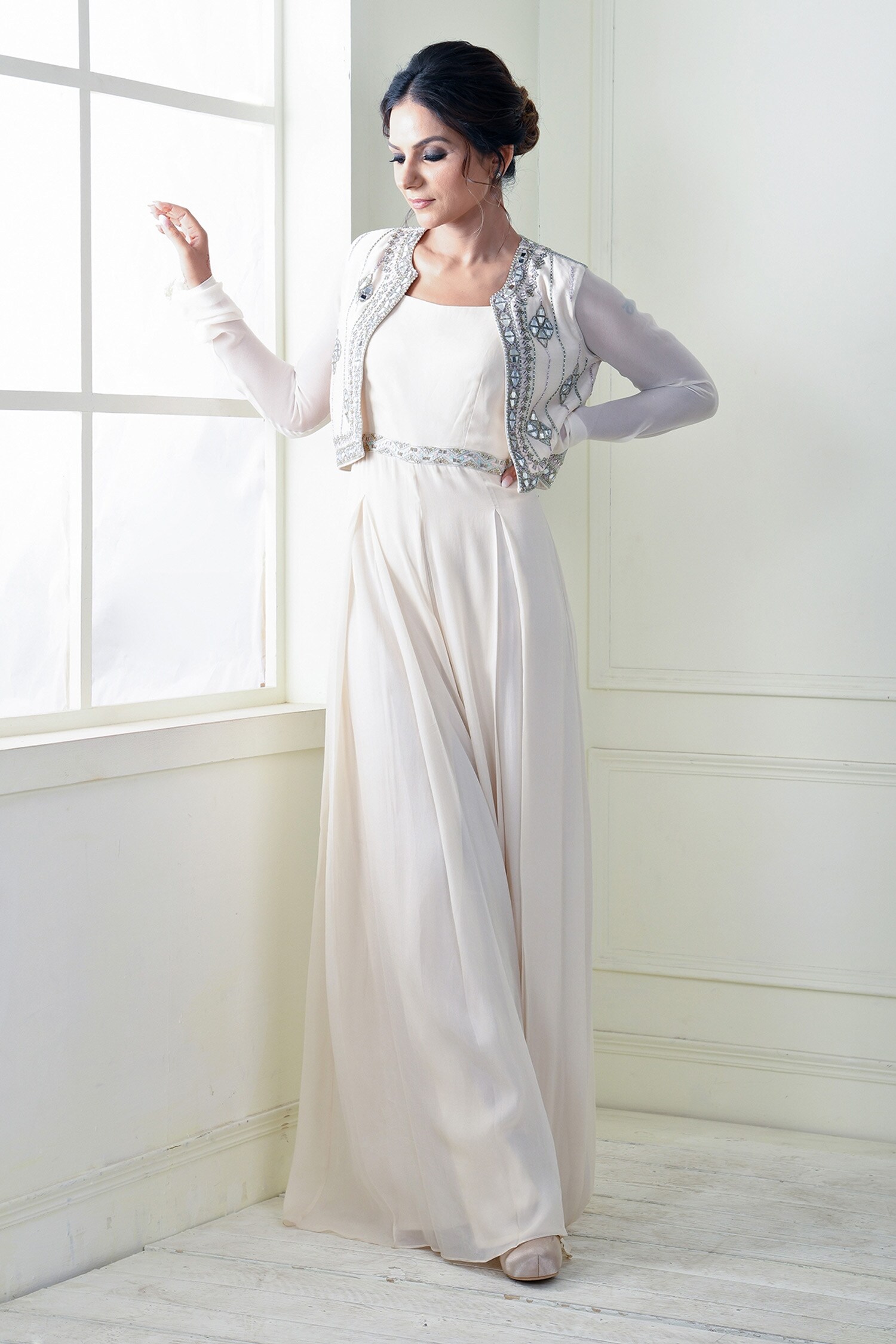 Buy White Crepe Embroidered Mirror Square Neck Jumpsuit With Short