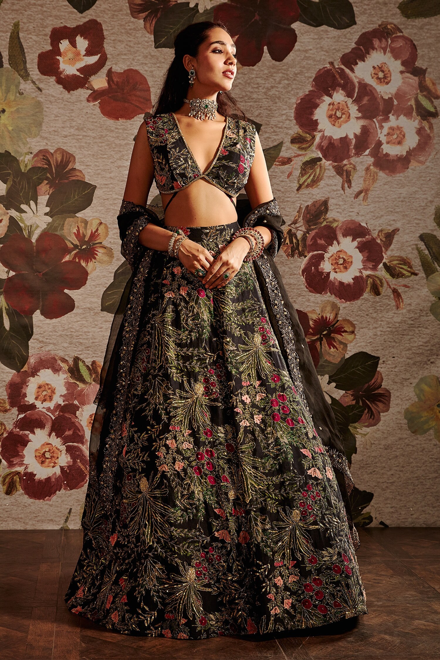 Buy Multi Color Dupion Printed Floral V Neck Lehenga Set For Women by