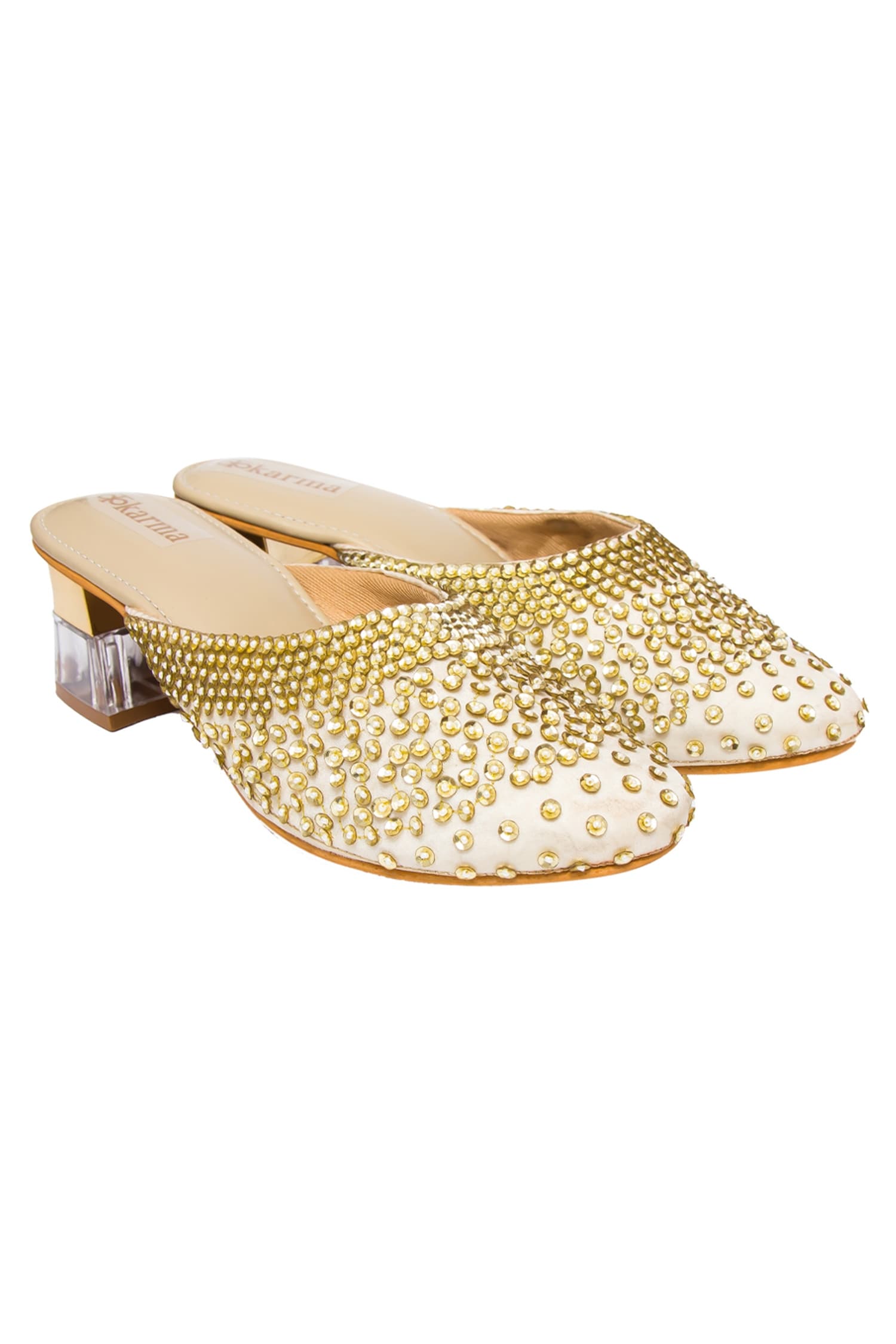 Kkarma Gold Silk Nisha Mule Transparent Block Heels