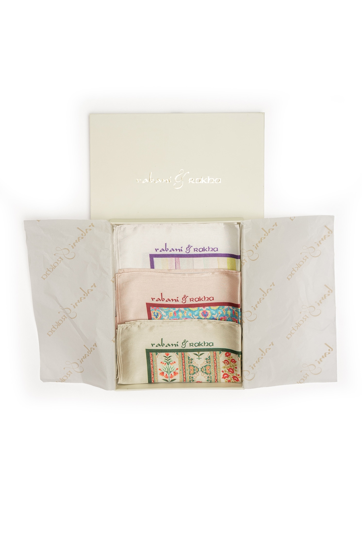 Rabani & Rakha Multi Color Printed Satin Pocket Square Gift Box - Set Of 3