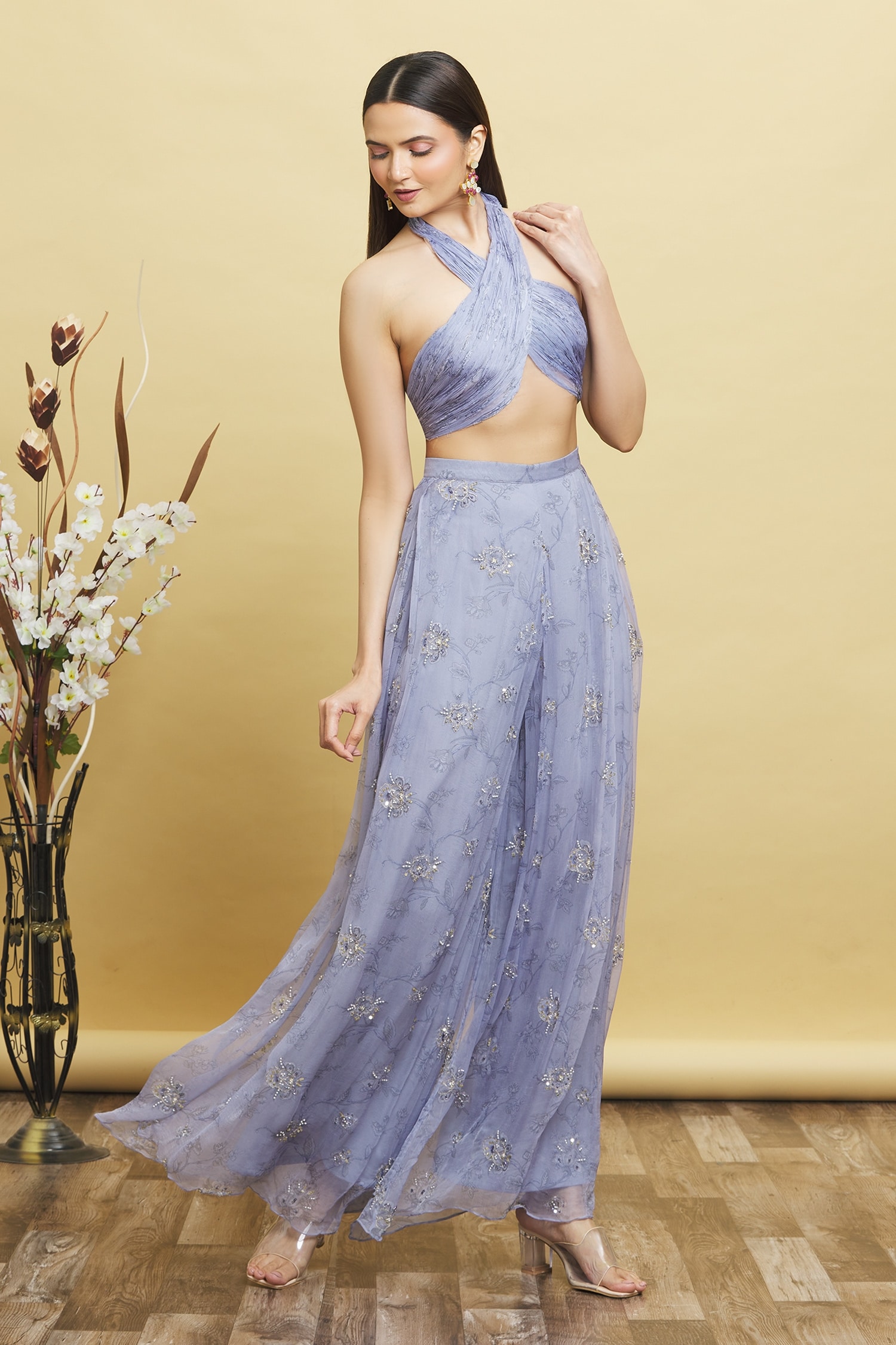 Buy Cream Crepe Digital Prints Leaf Crop Top And Bell Bottom Pant Set For  Women by Reynu Taandon Online at Aza Fashions.