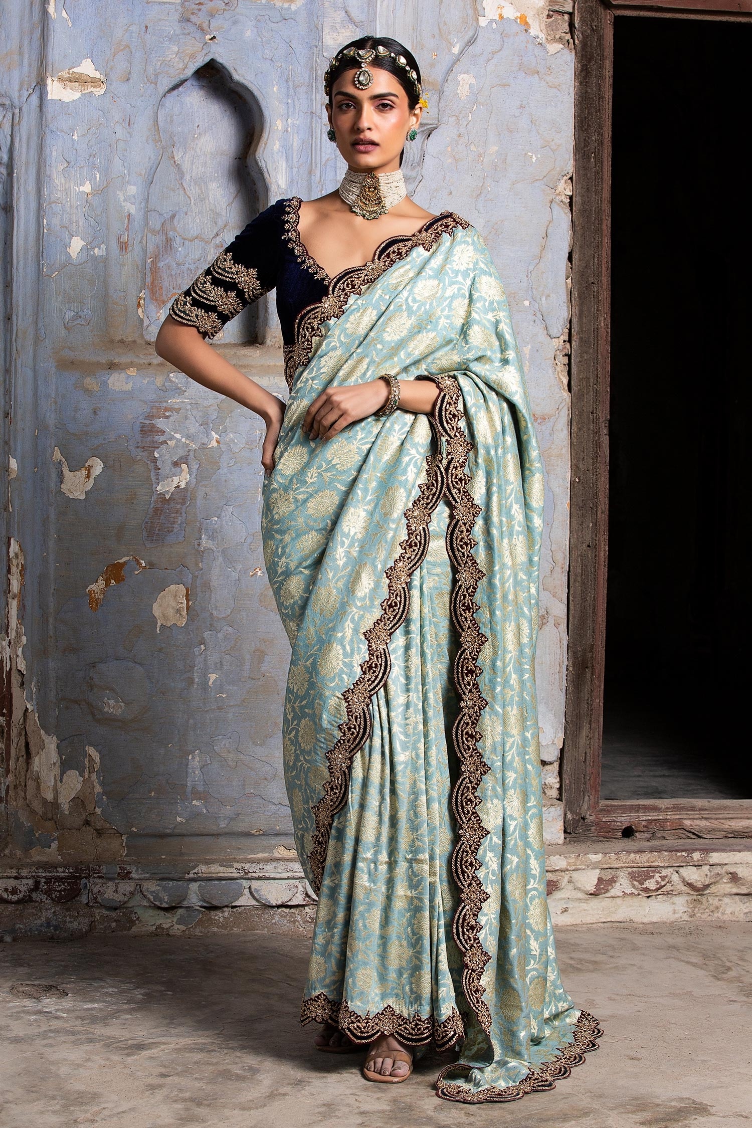 Nitika Gujral Green Saree: Monga Banarsi Silk Floral Woven With Velvet Blouse For Women
