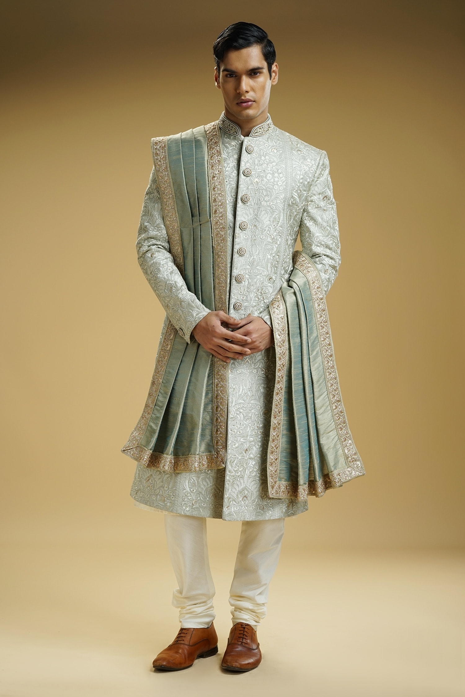 Buy Green Silk Dupion Embroidered Flower And Emboss Effect Sherwani Set For Men by Kommal Sood
