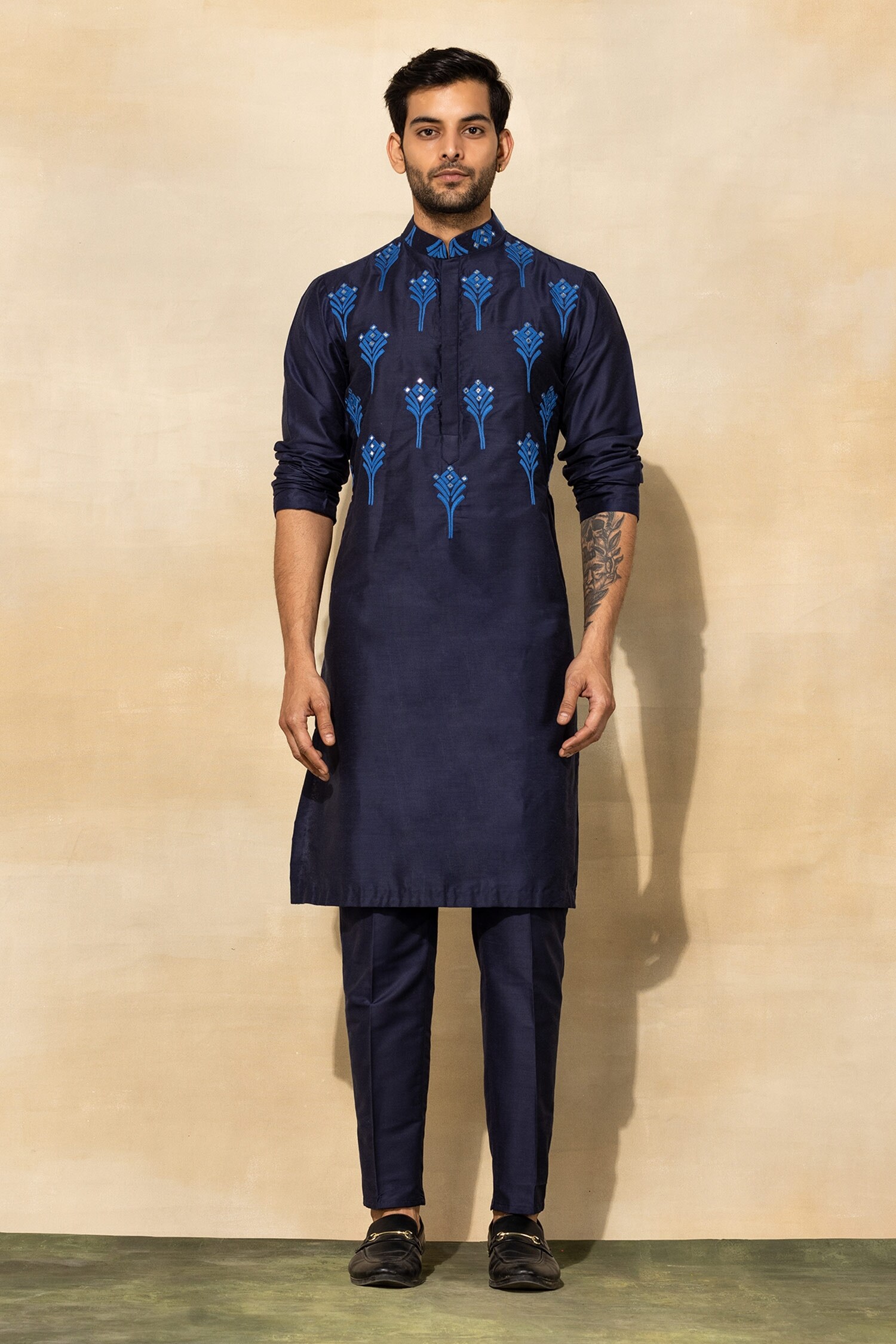 Buy Blue Cotton Embroidery Peacock Feather Acrylic Kurta Set For Men by ...