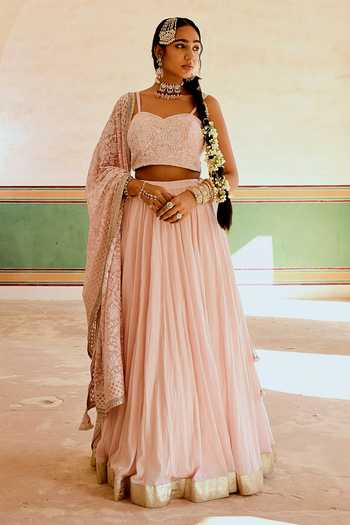 Buy Pink Blouse And Dupatta: Georgette Chikankari Pleated Lehenga & Set ...