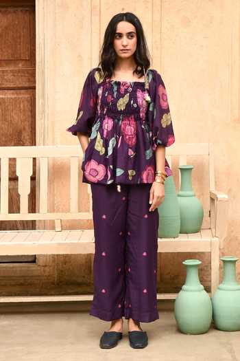 Rosegold chanderi asymetrical top and pants