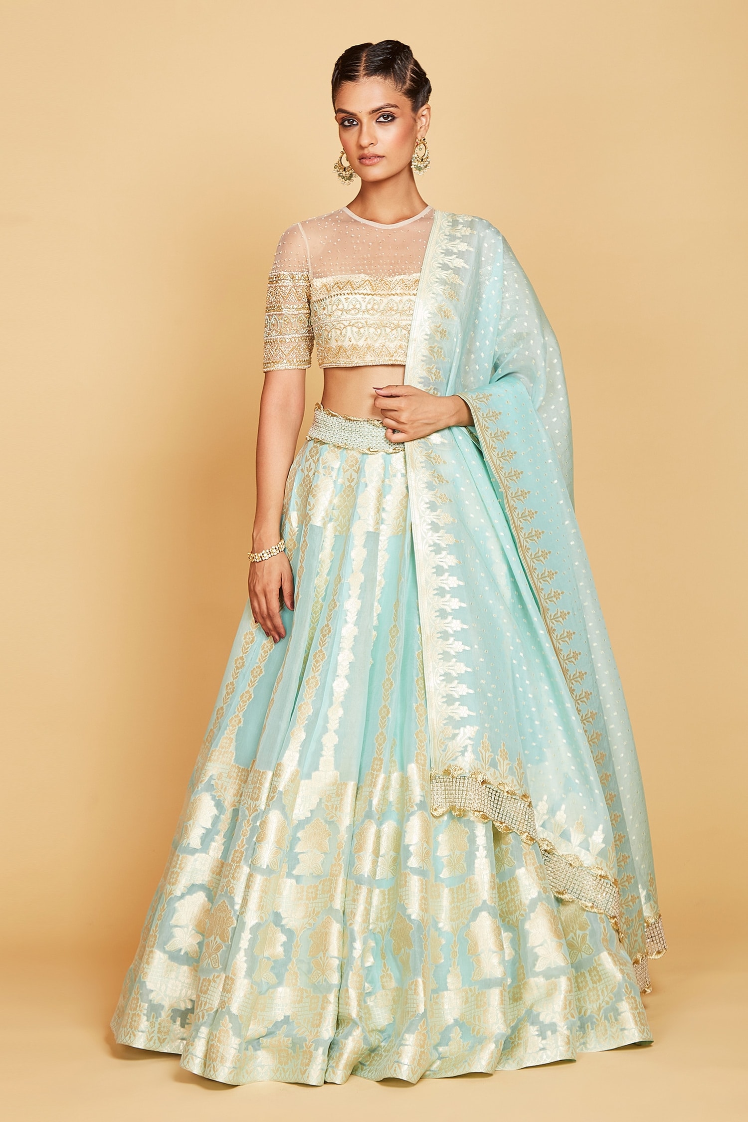 Buy Amrin khan Blue Floral Pattern Lehenga Set Online | Aza Fashions