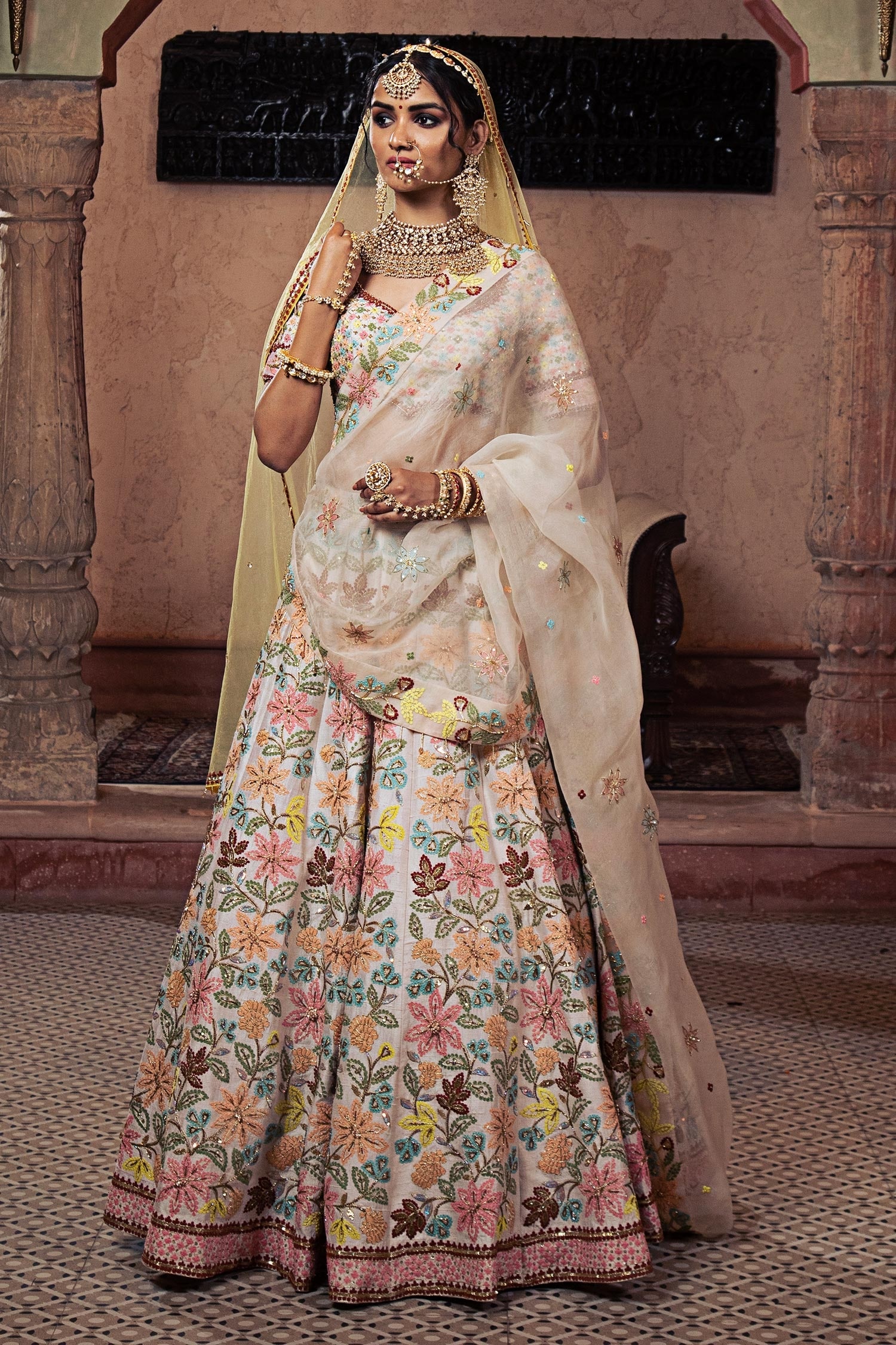 Floral Work Cream Net Deepika Padukone Saree BP1303