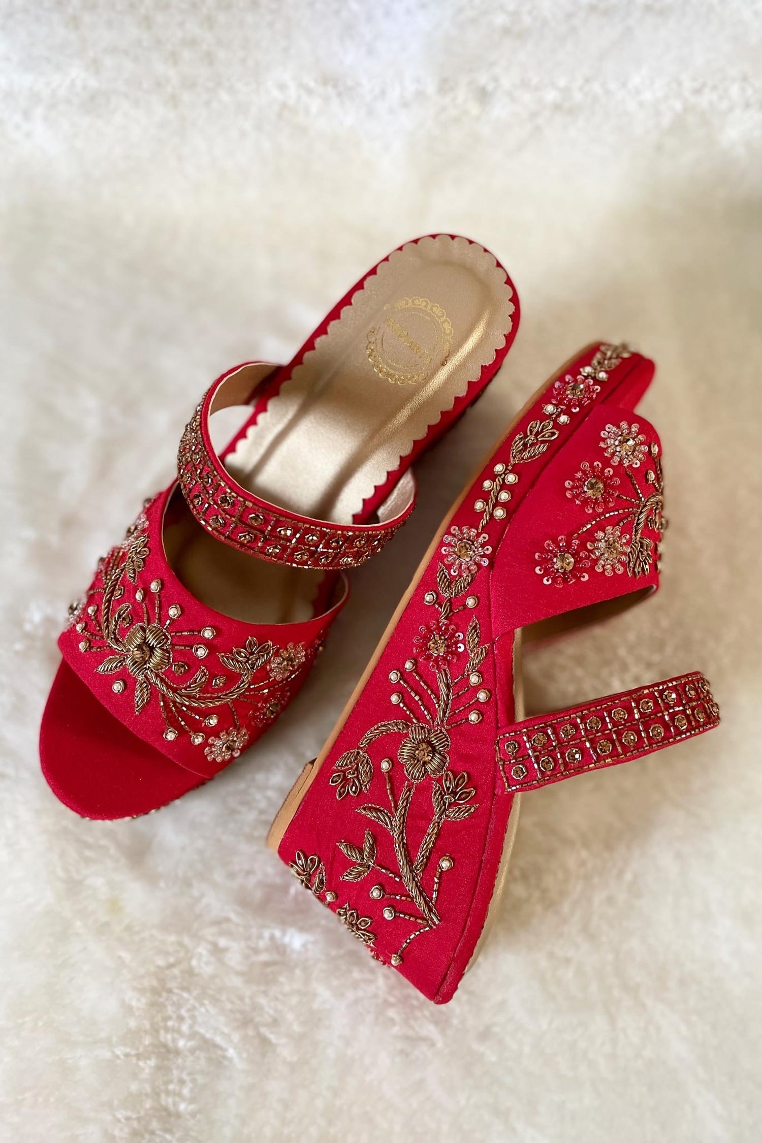 Buy Red Embroidered Tri Mor Velvet Wedges by Rajasthani Stuff Online at Aza  Fashions.