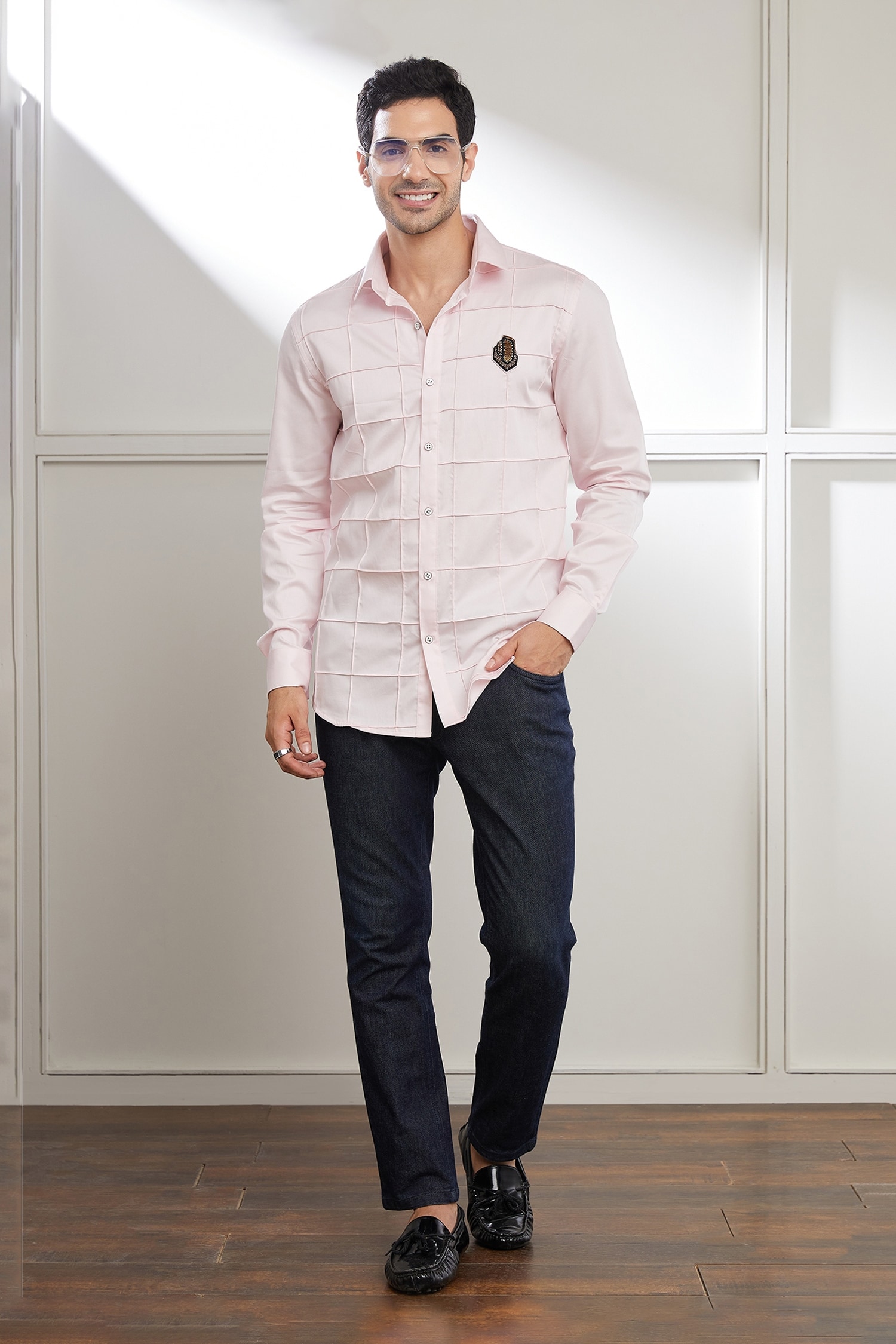 Buy Pink Cotton Sateen Placement Embroidery Motif Pintuck Pattern Shirt ...