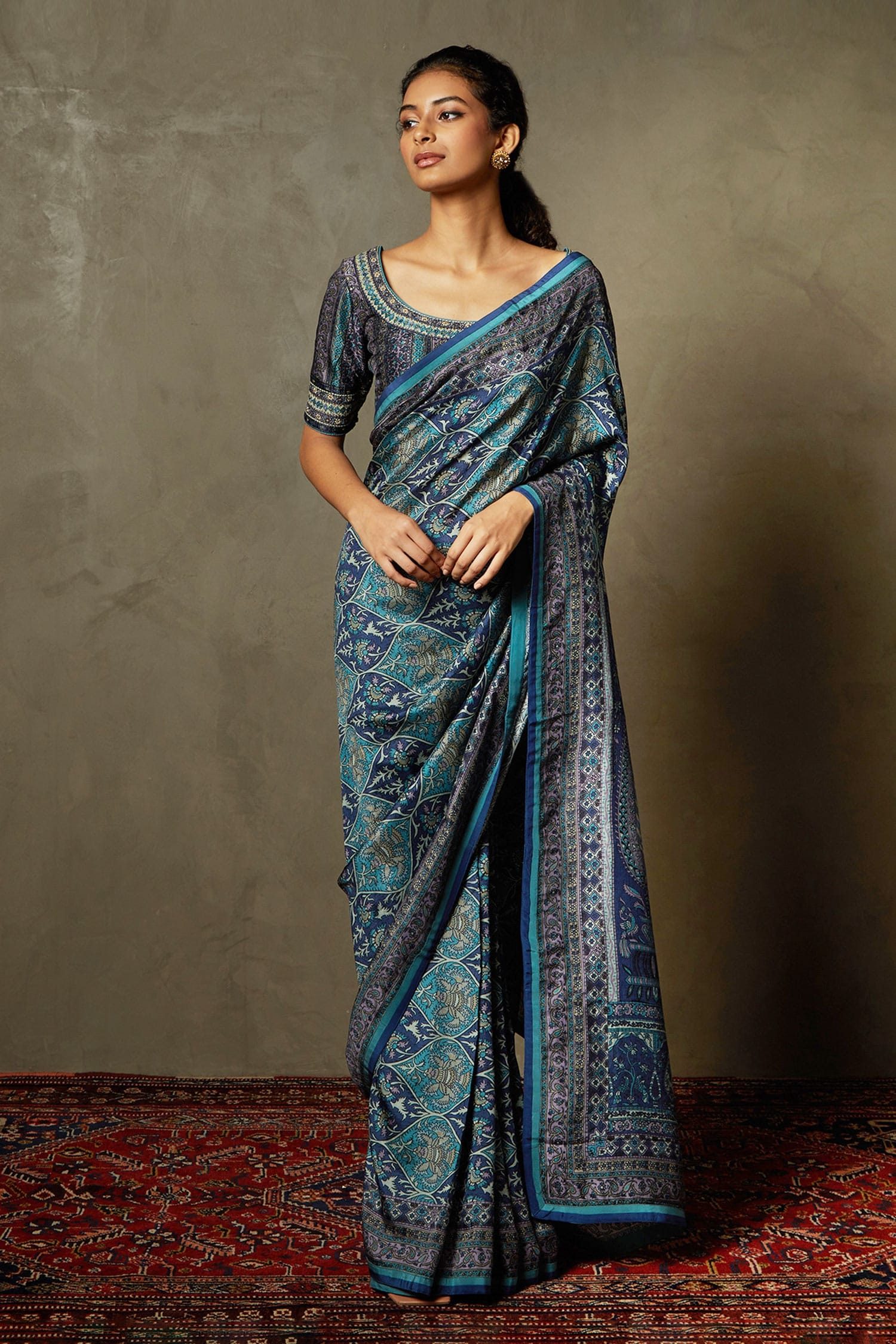 Buy Blue Murshidabad Silk Tt Embroidered Floral Kulah Print Saree For Women By Riritu Kumar 5344