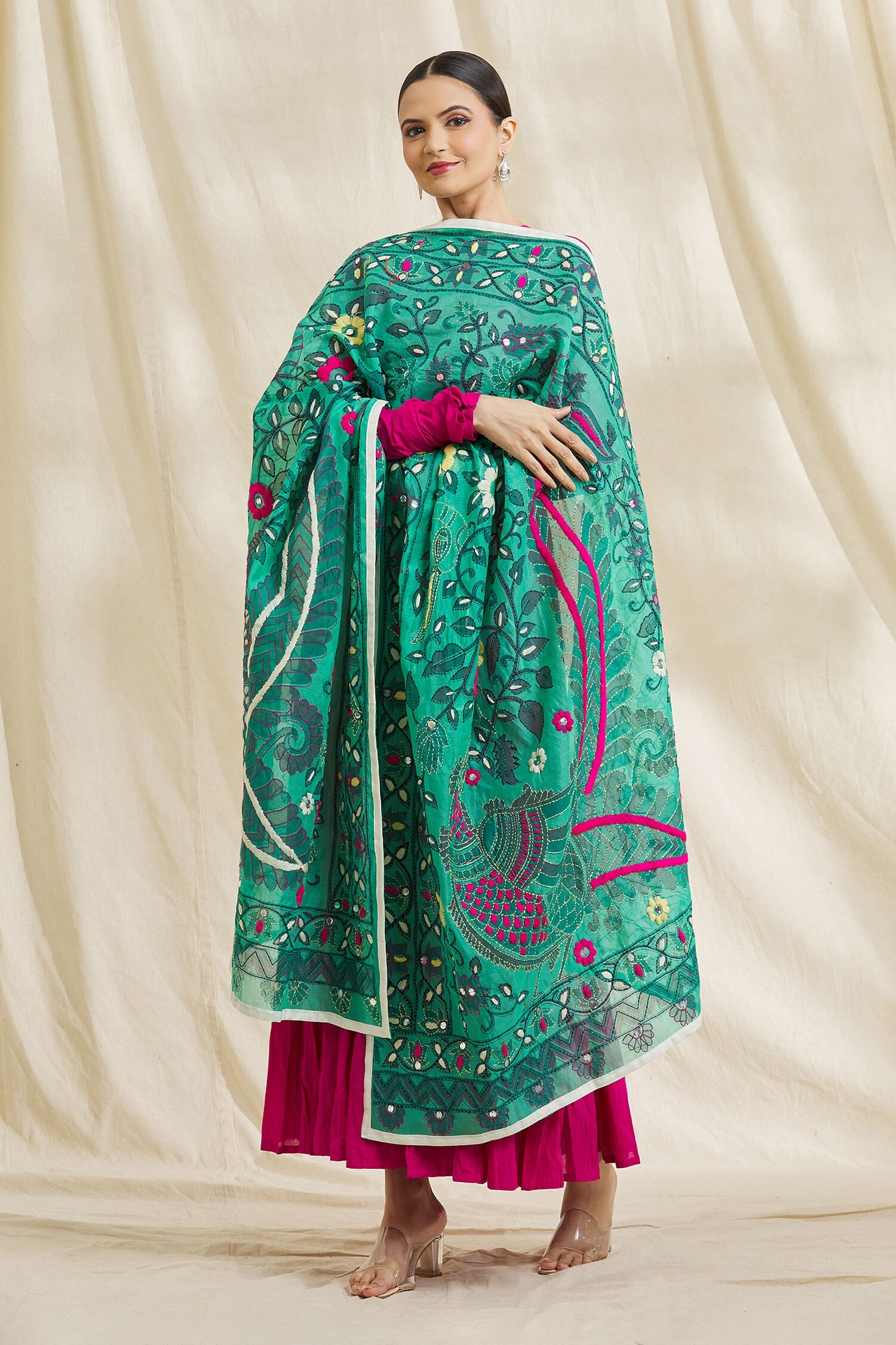 Buy Green Embroidered Phulkari Chanderi Peacock Pattern Dupatta For ...