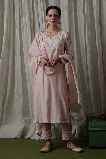Pink Chanderi Silk Kurta With Pants And Dupatta With Embroidery