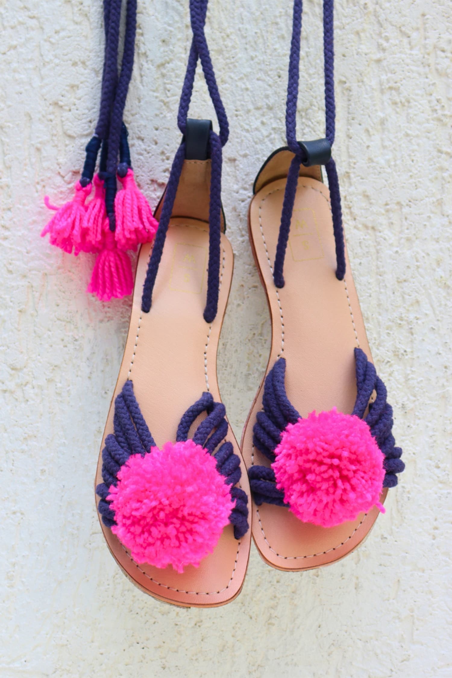 Sandalwali Pink Leather Colorblock Pom Pom Tie Up Sandals