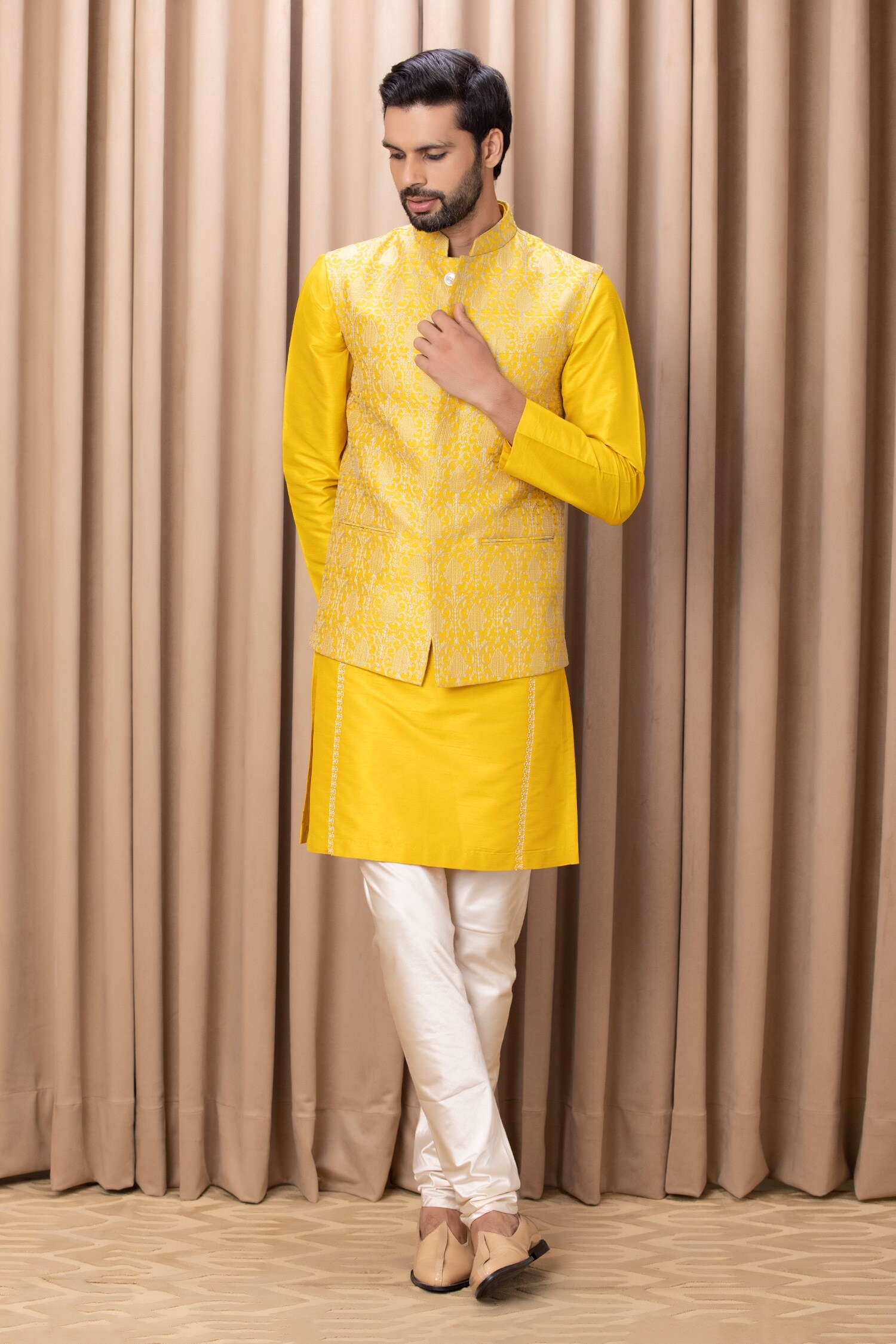 Buy Yellow Cotton Silk Embroidered Fahad Nehru Jacket For Men by Ankit