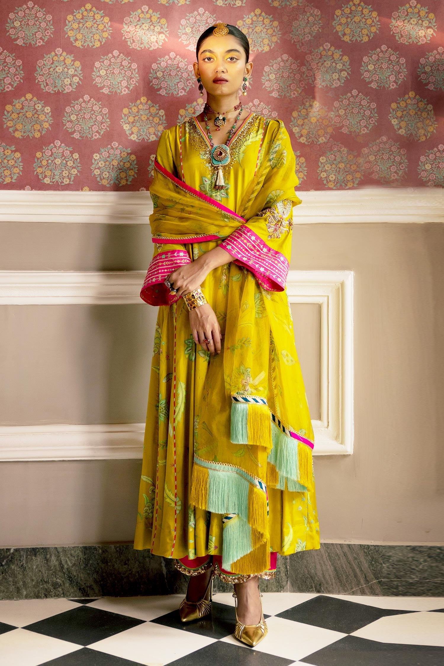 Buy Rajiramniq Yellow Floral Print Panelled Kurta Set Online | Aza Fashions