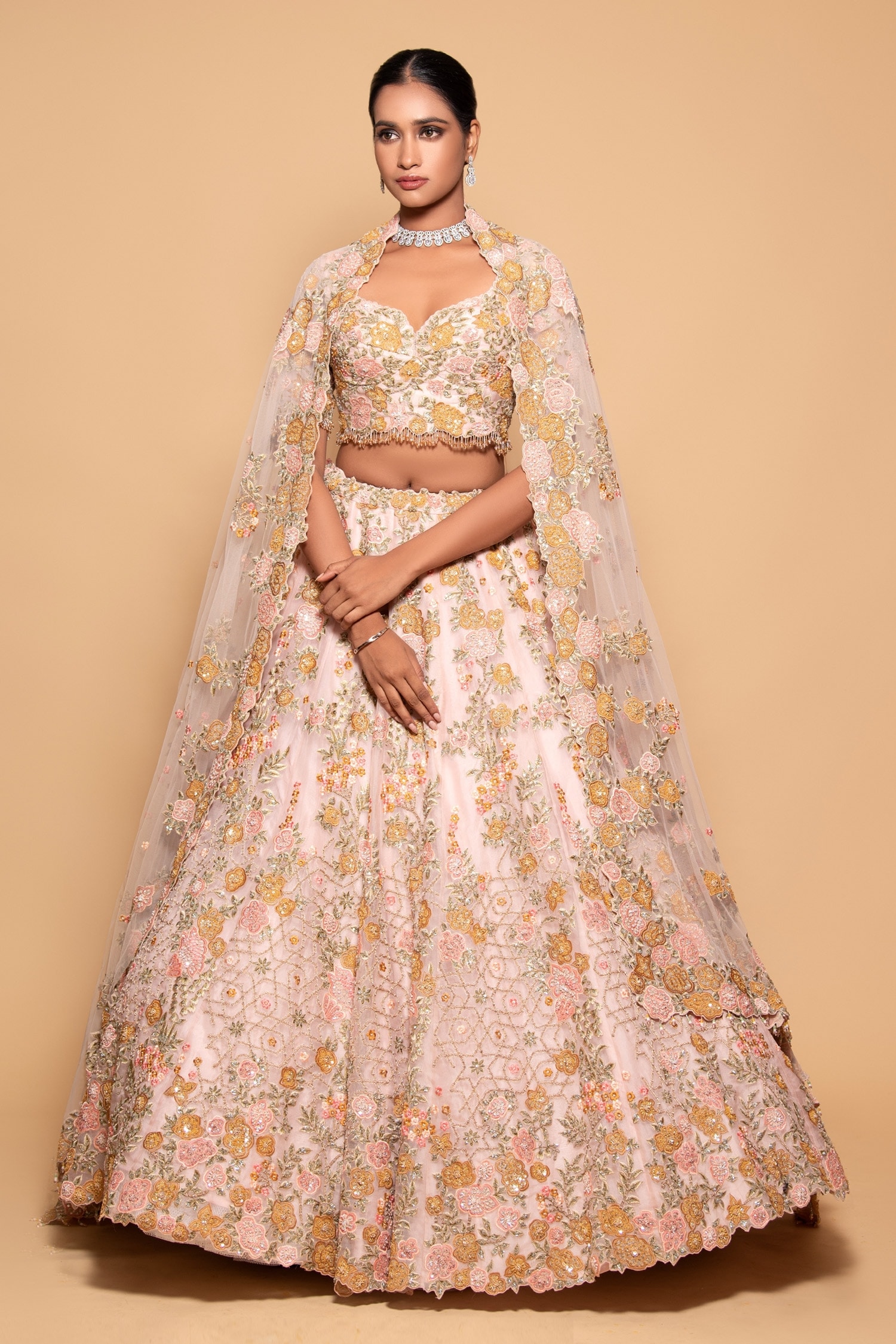 Buy Pink Organza Embroidered Resham Plunge Star Phool Lehenga Set For Women By Pallavi Poddar 