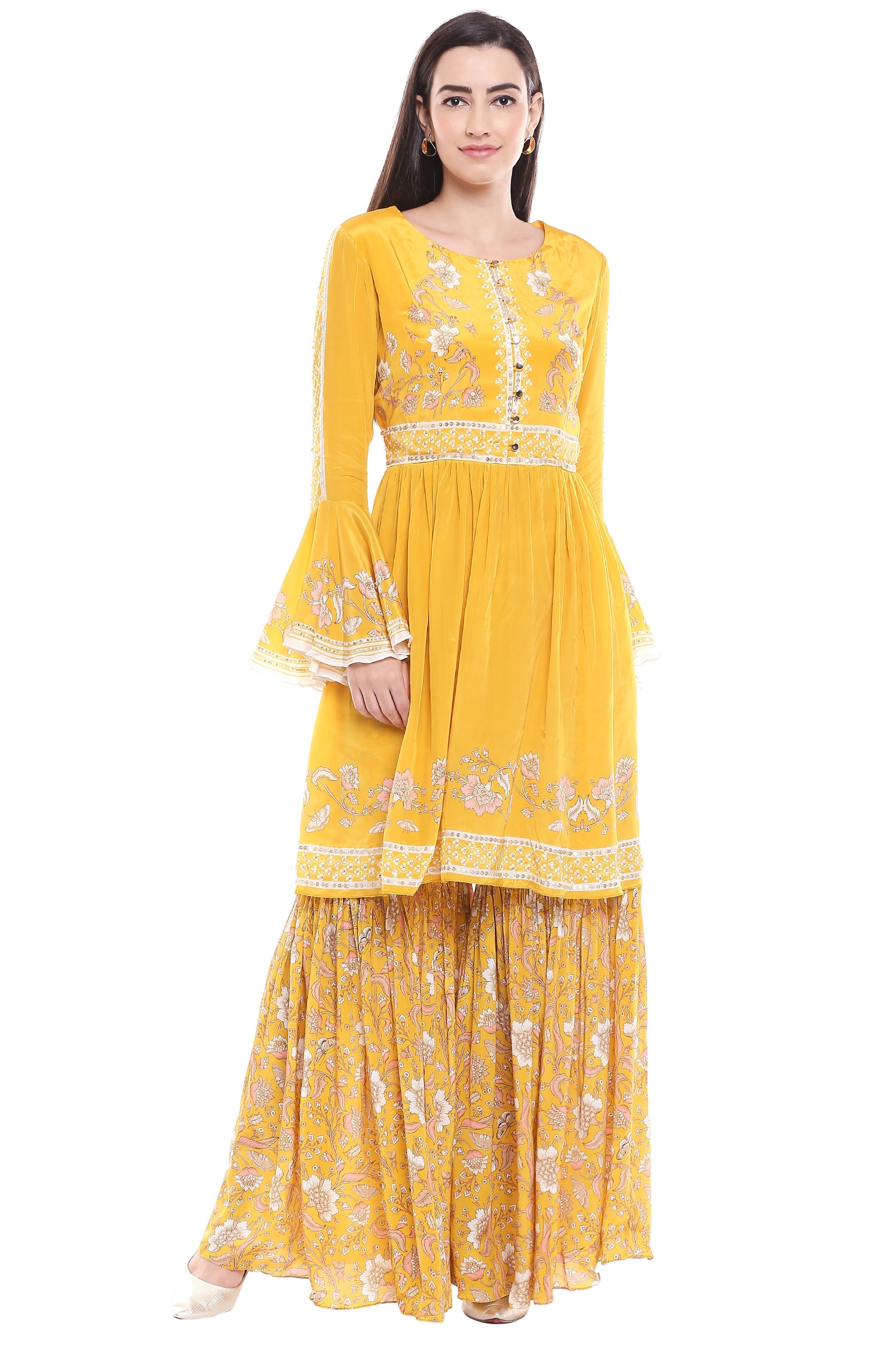 Buy Soup by Sougat Paul Yellow Crepe Printed Kurta Sharara Set Online ...