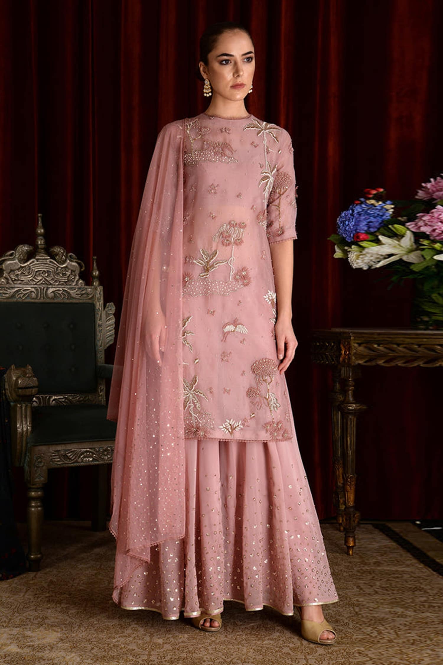 Buy Pink Silk Organza And Net Embroidery Jungle Safari Kaafir Kurta Set