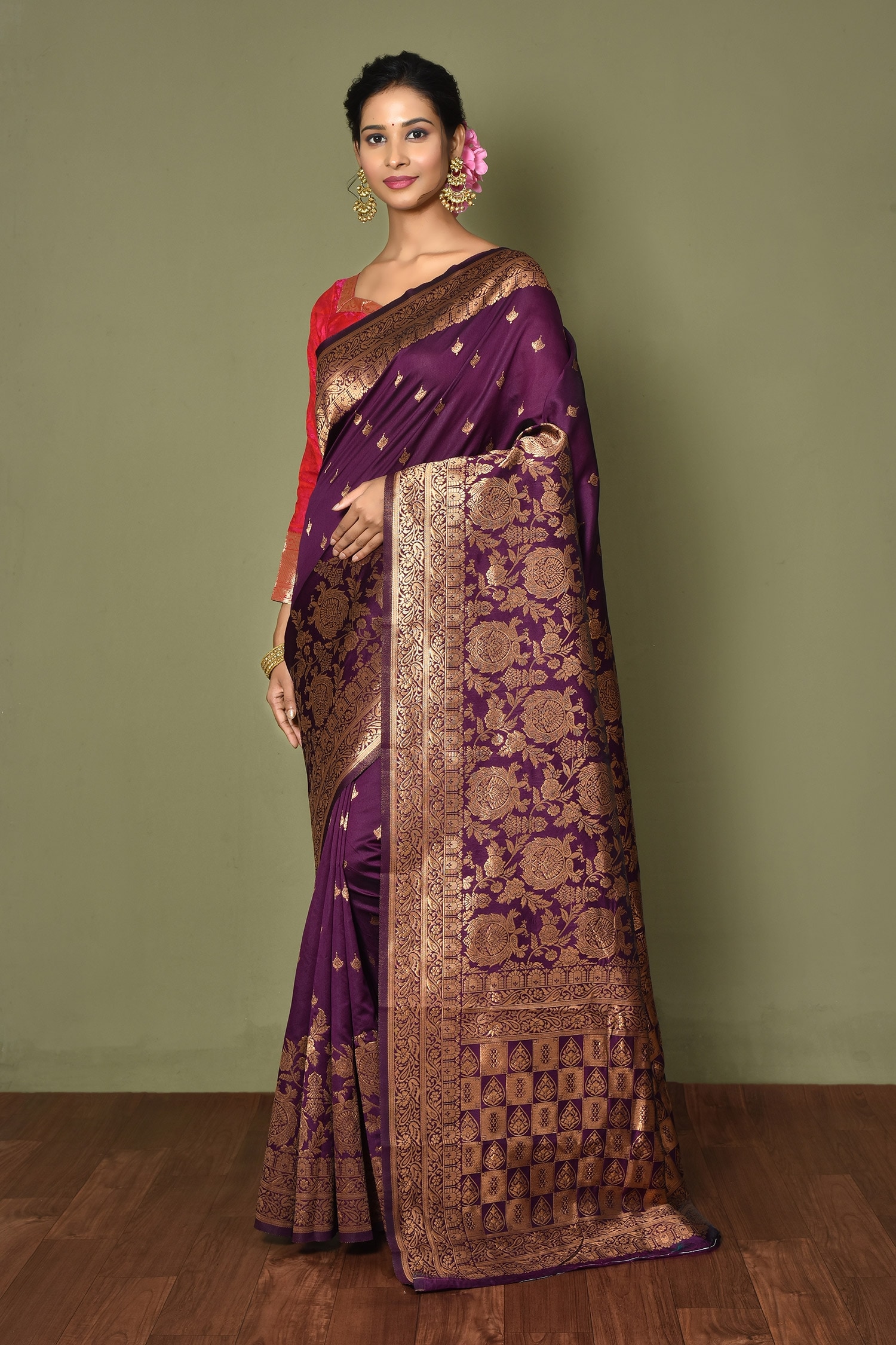 Samyukta Singhania Purple Silk Blend Woven Floral And Peacock & Saree With Running Blouse For Women