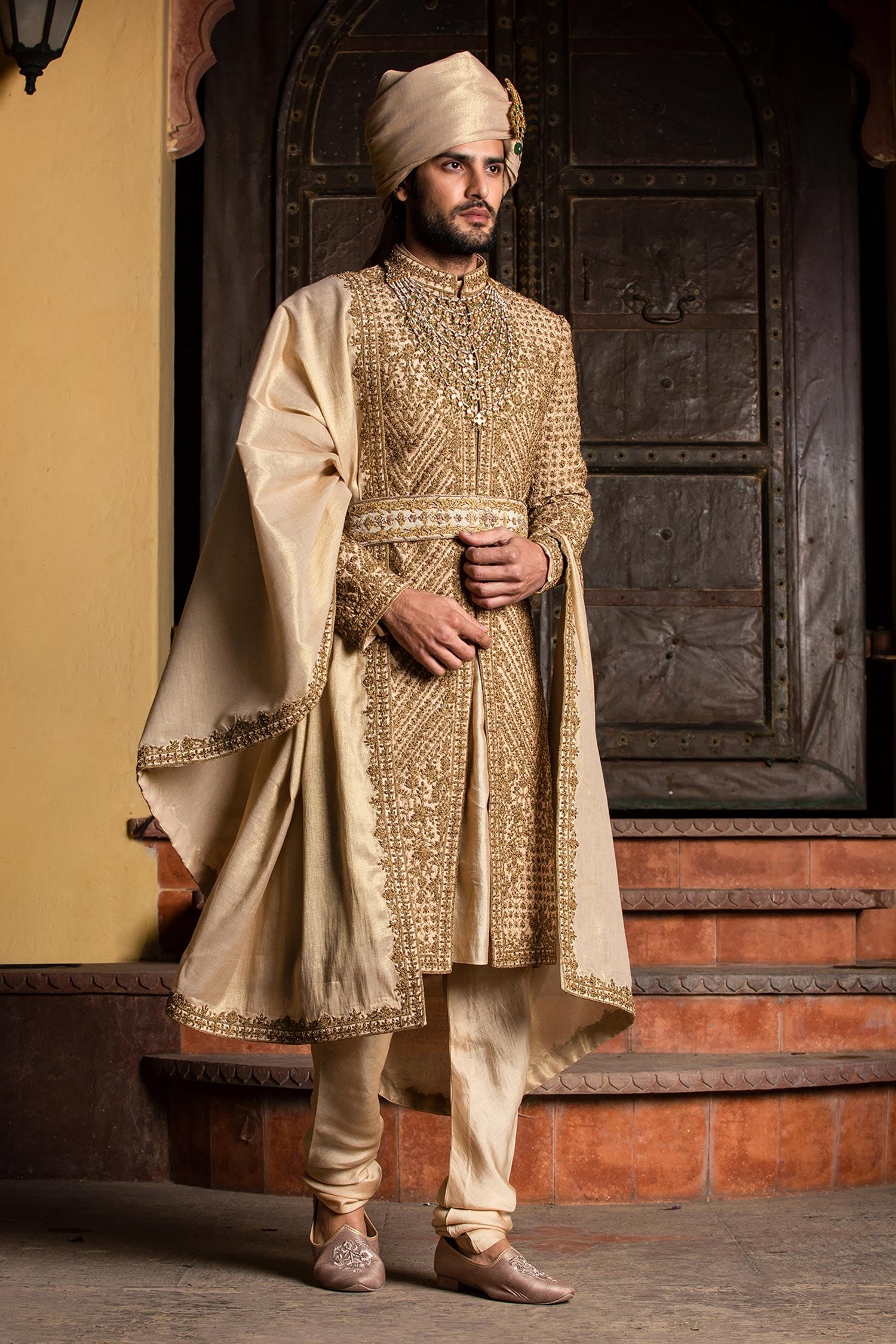 Nitika Gujral Gold Achkan: Raw Silk Embroidered Dori Antique Set For Men