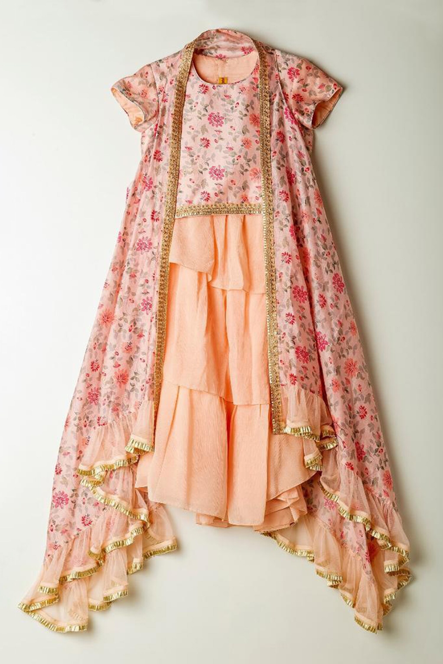 Shruti Jalan Pink Printed Cape And Layered Skirt Set For Girls