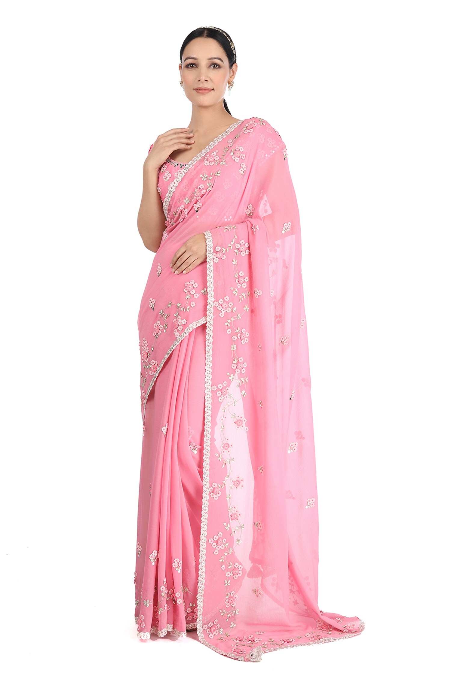 Buy Summer By Priyanka Gupta Pink Chiffon Hiraya Floral Wave Embroidered Saree With Blouse
