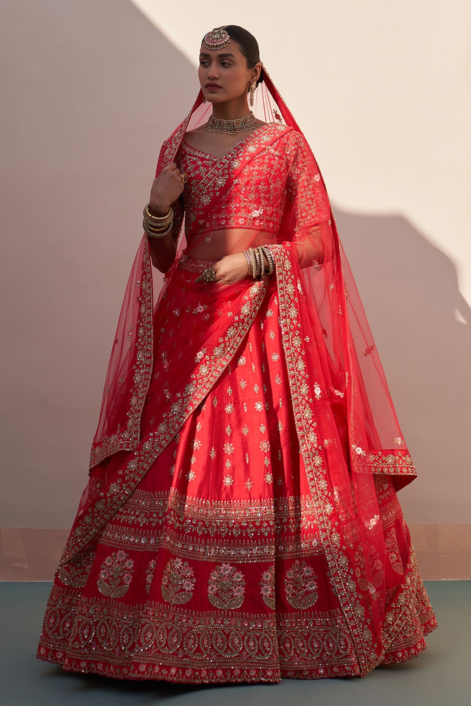 Buy Red Raw Silk Embroidery Zardozi Leaf Neck Floral Bridal Lehenga Set For Women By Angad Singh 