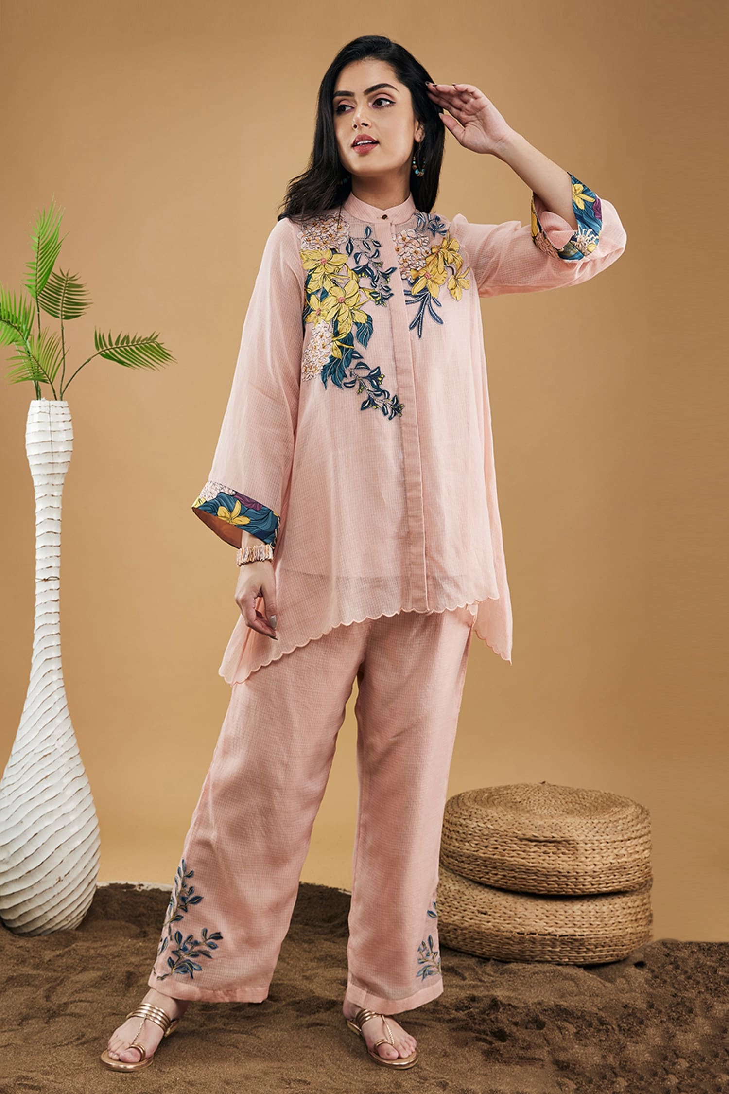 Soup by Sougat Paul Peach Handloom Cotton Embroidered Zinnia High-low Shirt With Pant For Women