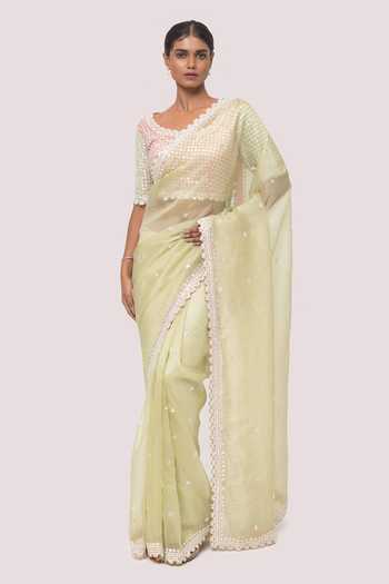 Women's Organza Green Woven Design Designer Saree With Blouse Piece
