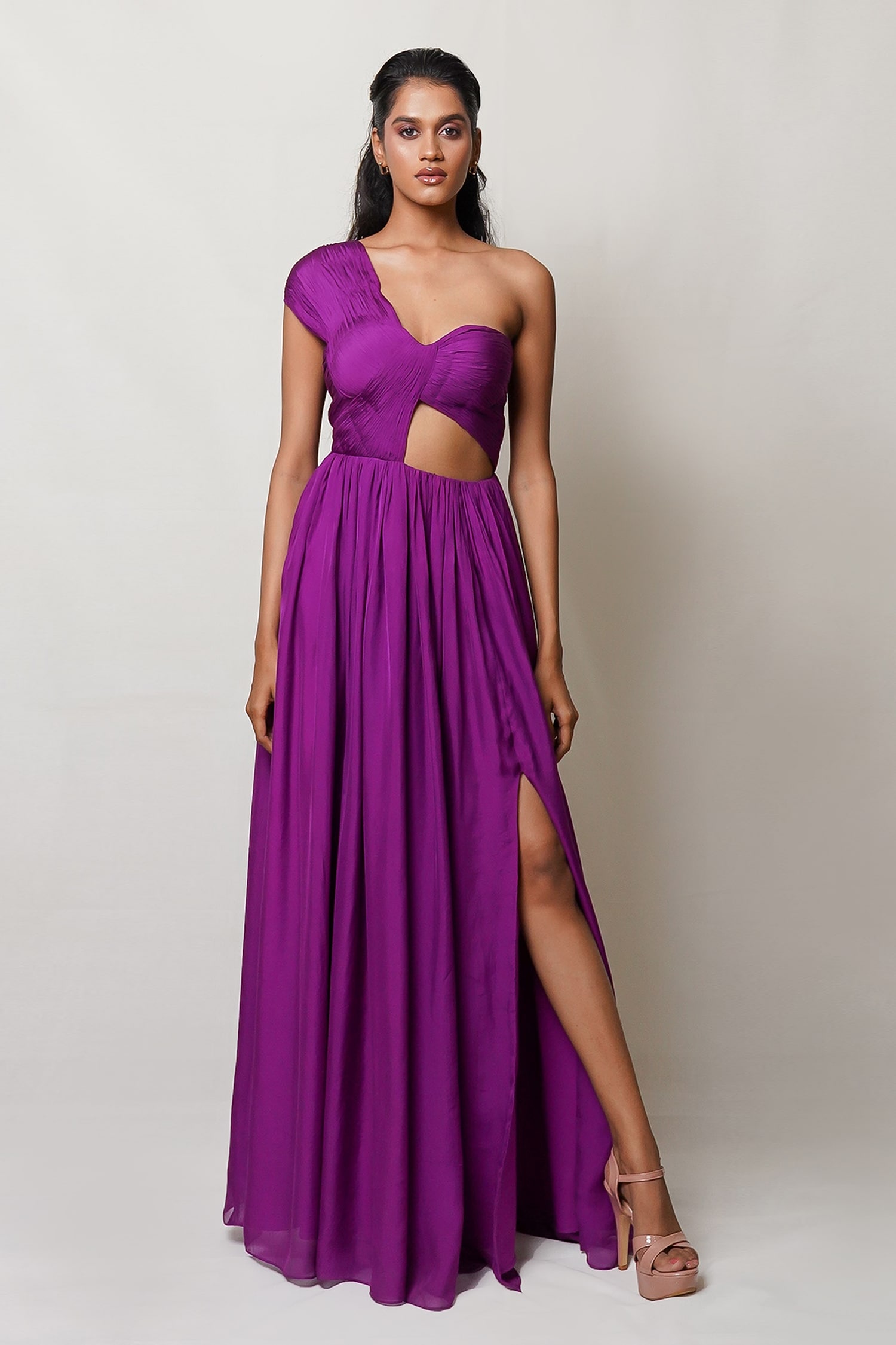 Buy Purple Flat Chiffon Lining Butter Crepe One Shoulder Pleated Gown ...
