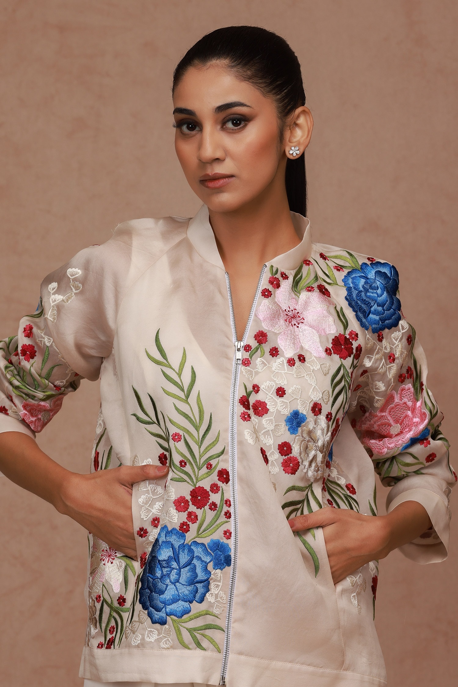 buy-multi-color-silk-organza-embroidery-floral-high-neck-bomber-jacket