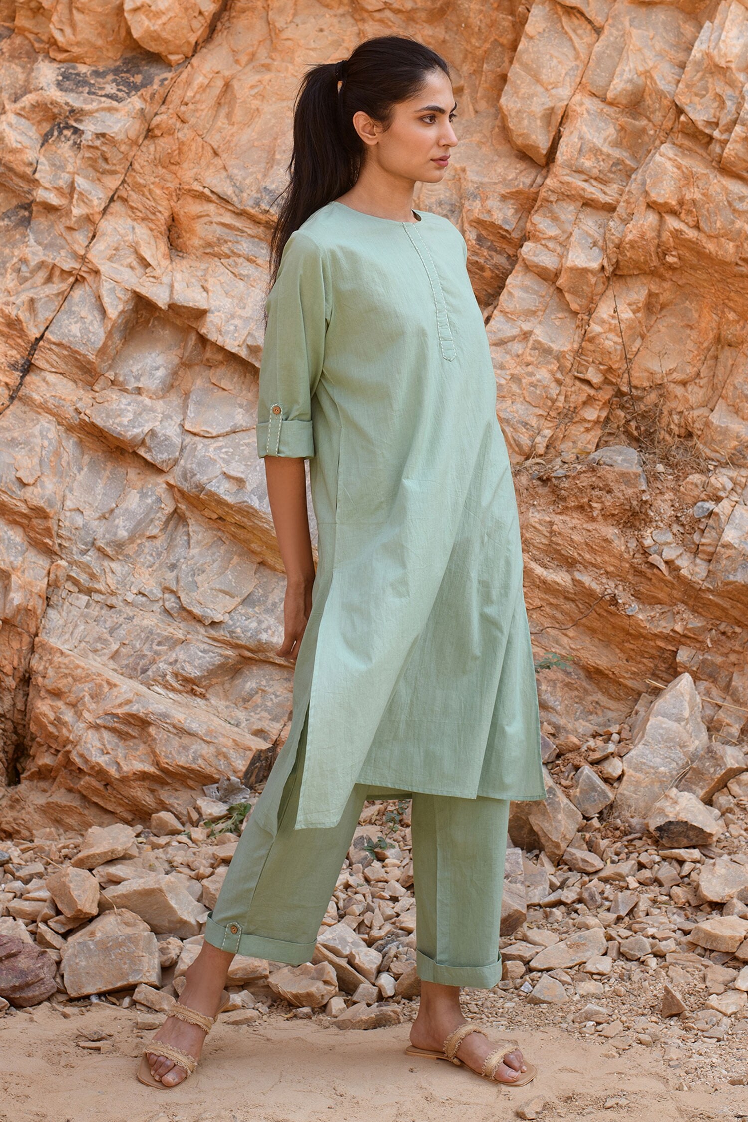 Buy Green Cotton Solid Round Neck Tunic And Pant Set For Women by ...