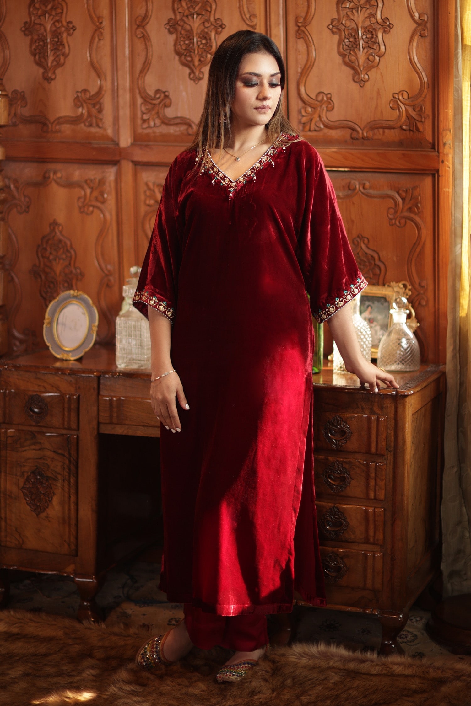 Buy Red Velvet Embroidered Zardozi V Neck Kaftan And Palazzo Set For Women  by Negra Elegante Online at Aza Fashions.