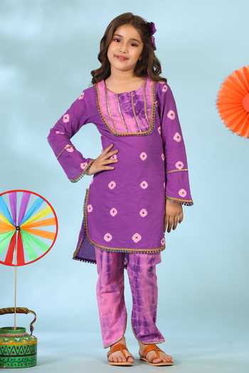 Girl Printed Bandhani Dhoti Cowl Set - Purple