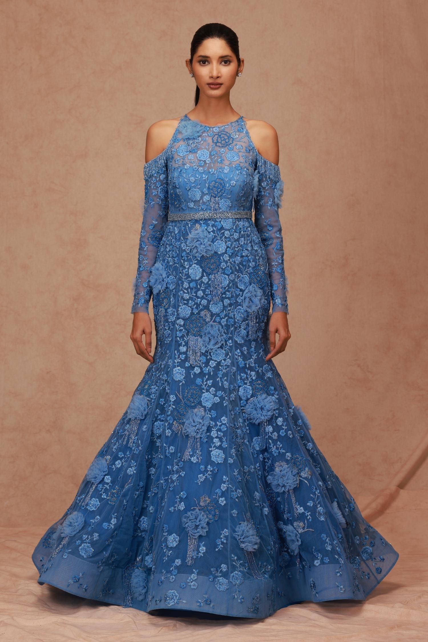 Buy Shriya Som Blue Tulle Floral Embroidered Fish Tail Hemline Gown