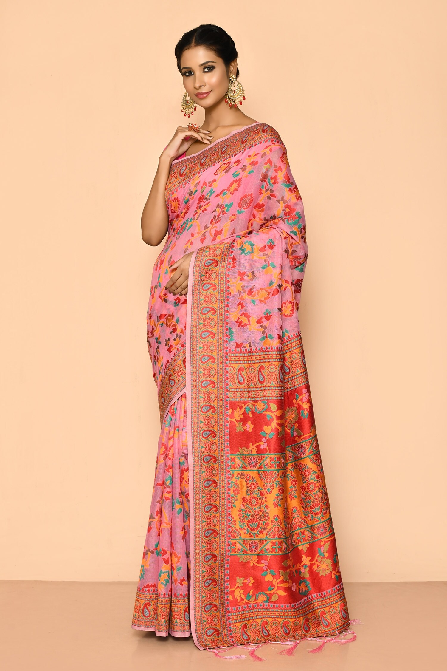 Naintara Bajaj Pink Cotton Embroidered Woven Saree