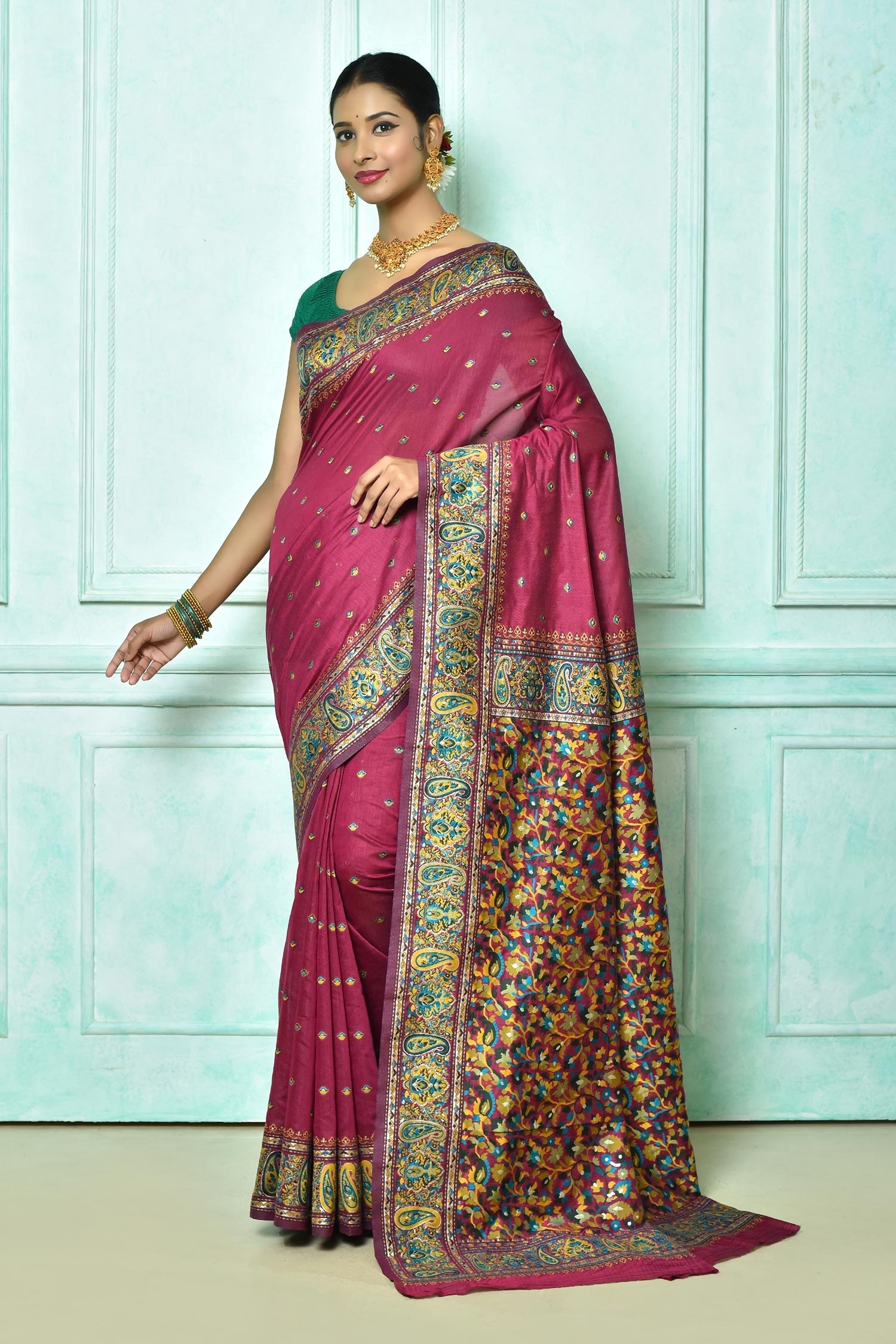 Buy Pink Pasmina Modal With Kashmira Weaving Woven Minakari Saree For ...