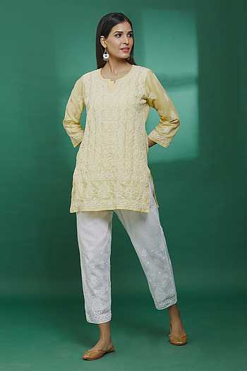 Chikankari Muslin Long Kurta - Yellow