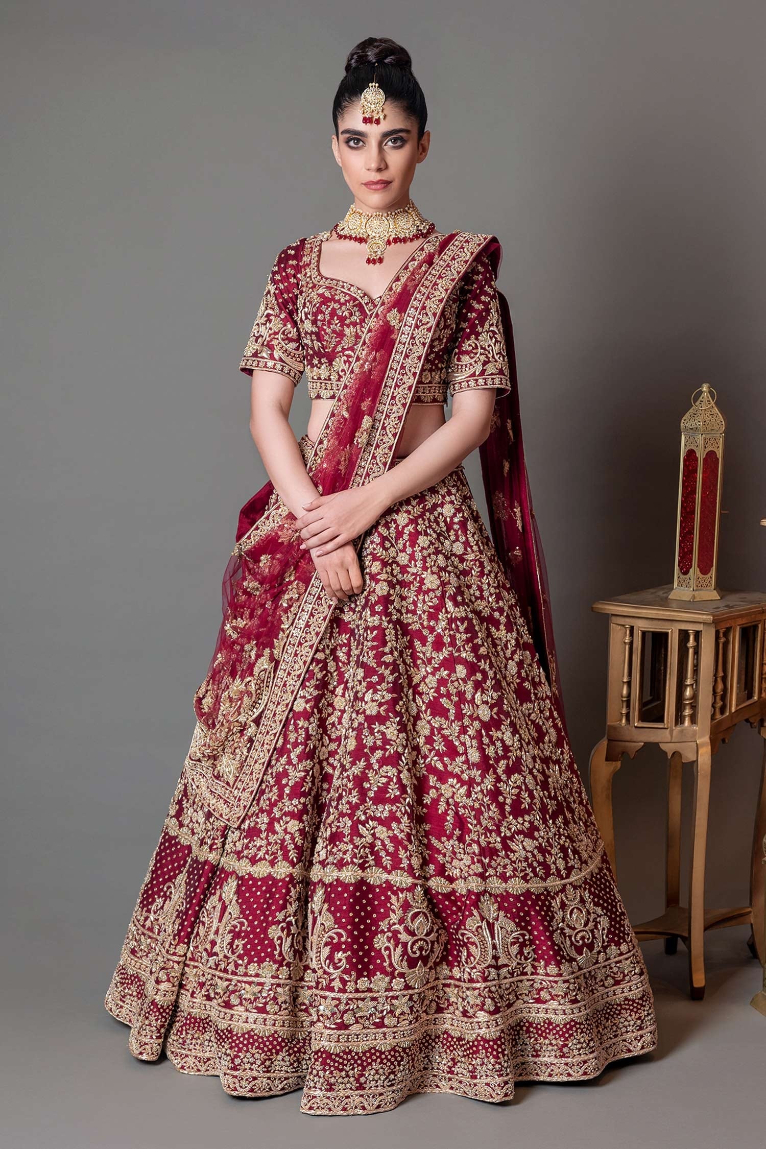 Buy Maroon Raw Silk Embellished Cutdana V Neck Floral Bridal Lehenga Set For Women By Kalighata 