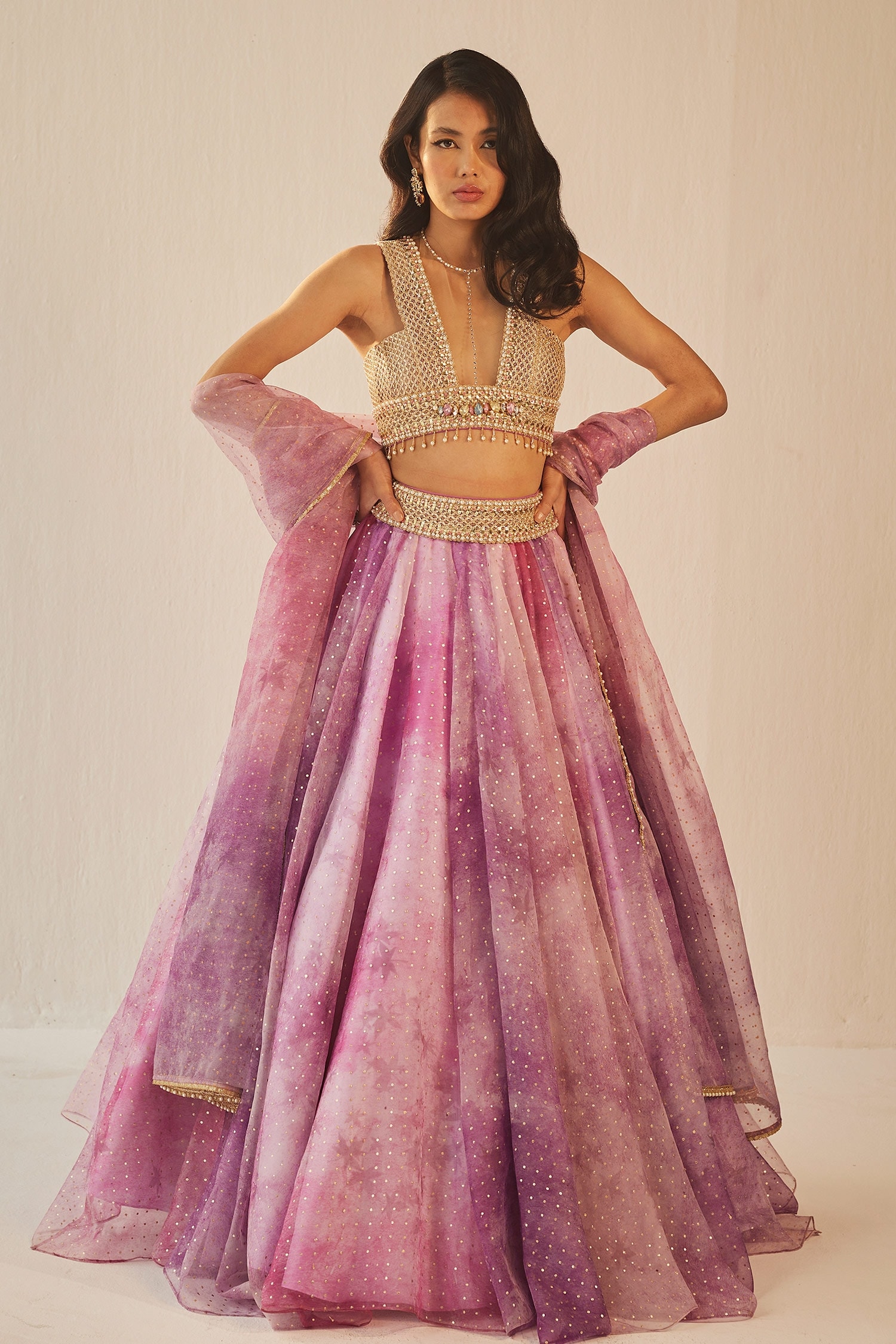 Buy Purple Organza Embroidery Mukaish Illusion Sheer Textured Lehenga