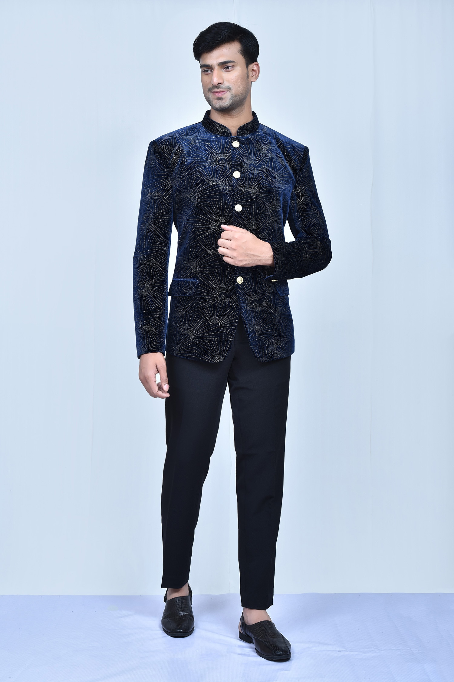 Buy Blue Prince Coat: Velvet Embroidery Sequin Stardust Pattern Set For ...
