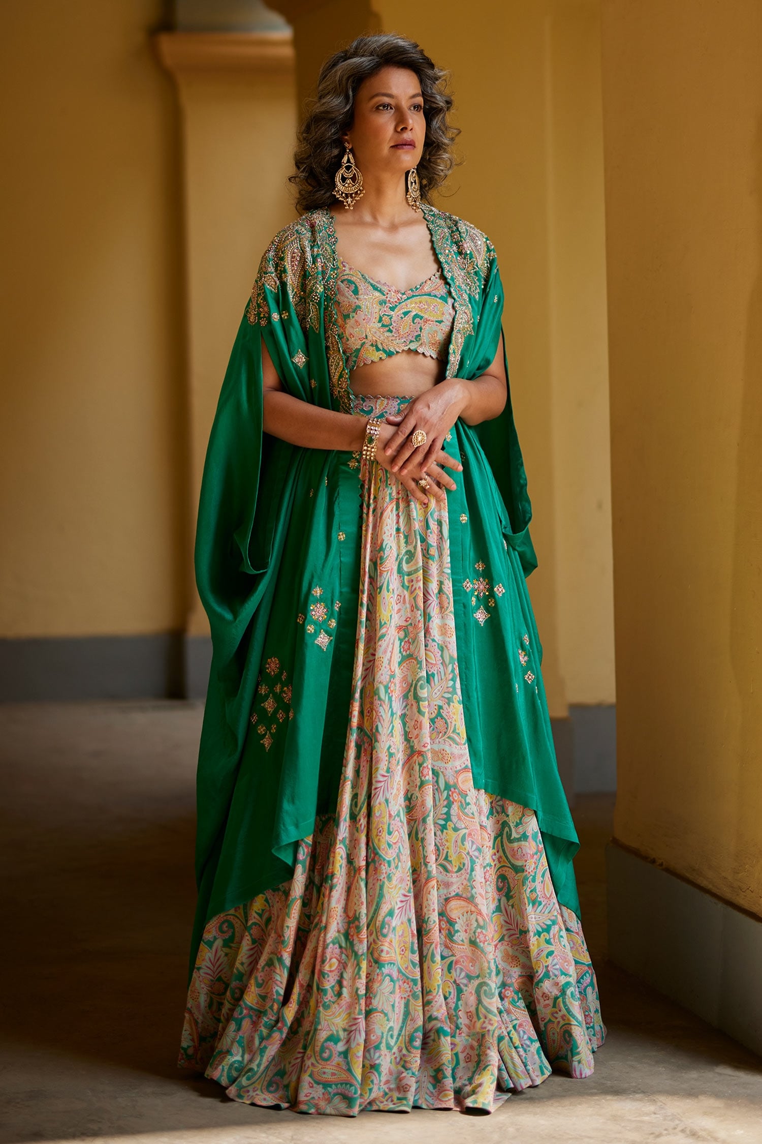 Mrunalini Rao Green Georgette Printed And Embroidered Vintage & Lehenga Set For Women