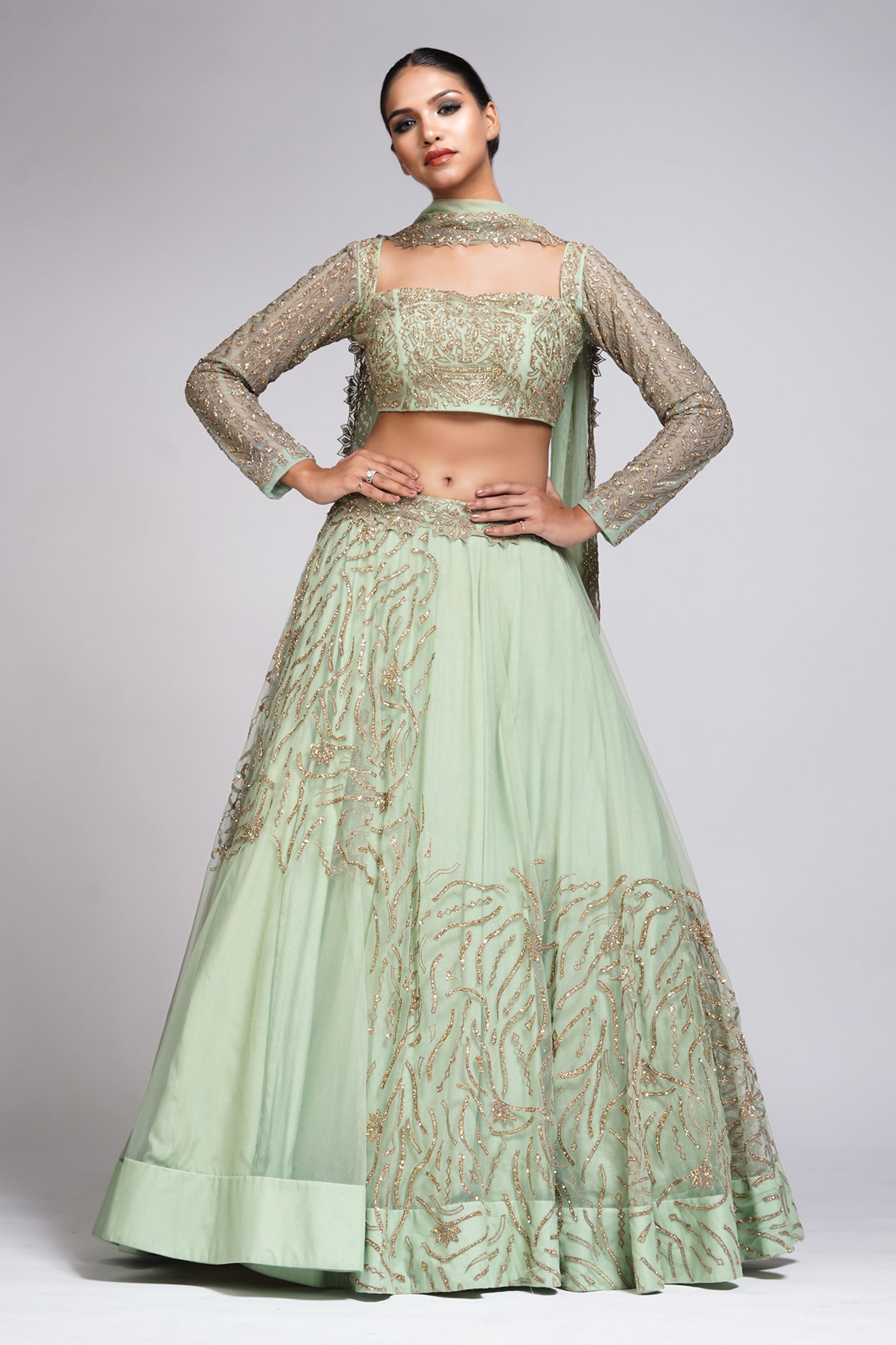 Buy Shruti S Green Star Net Zari Embroidered Lehenga Set Online | Aza ...